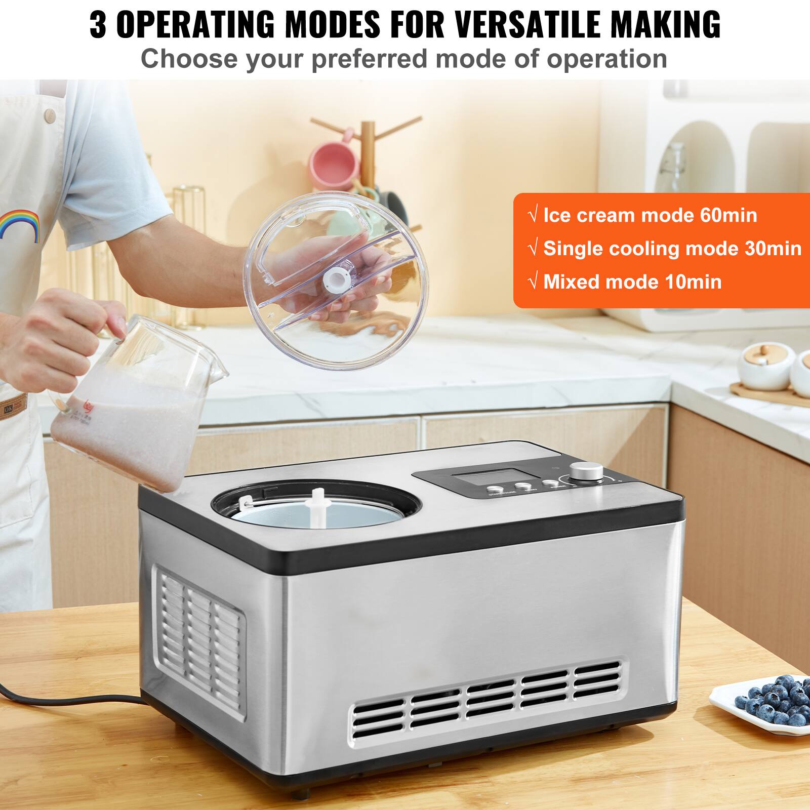3 OPERATING MODES FOR VERSATILE MAKING  
Choose your preferred mode of operation  

- Ice cream mode 60min  
- Single cooling mode 30min  
- Mixed mode 10min