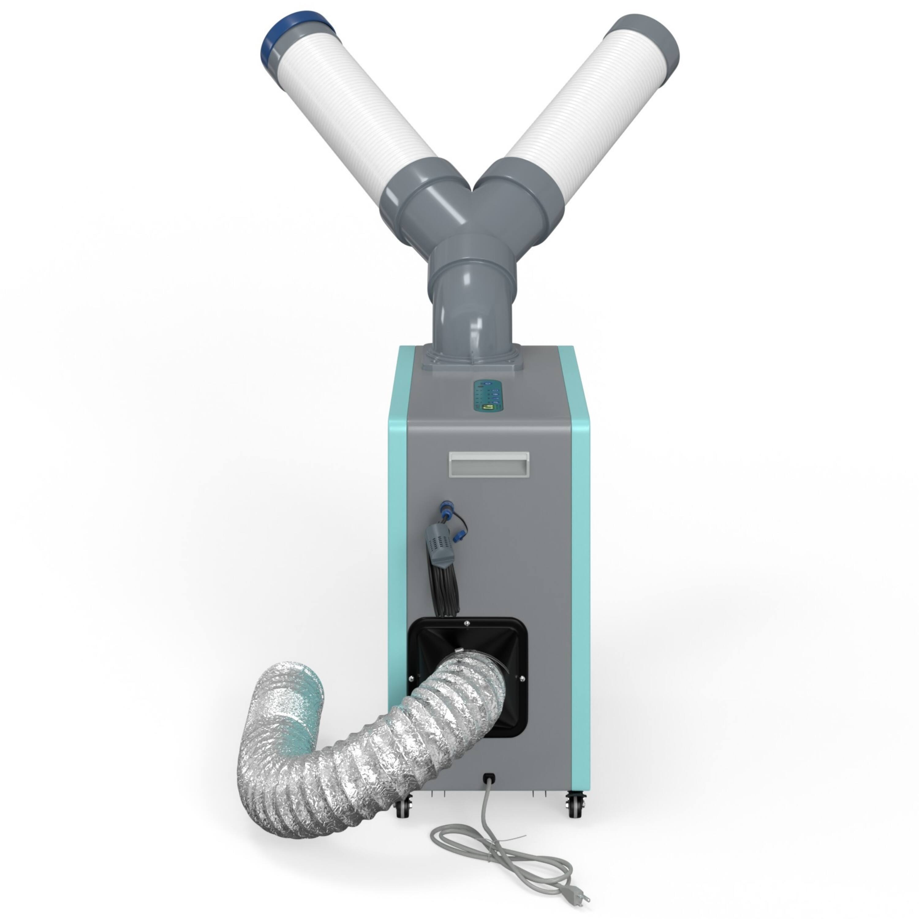 Angle. Equator - Equator 10000 BTU  3-in-1 Outdoor-Indoor HEATER, AIR CONDITIONER, FAN, Remote + Drip Pan Pump Kit 110V - Turquoise Blue & Silver.