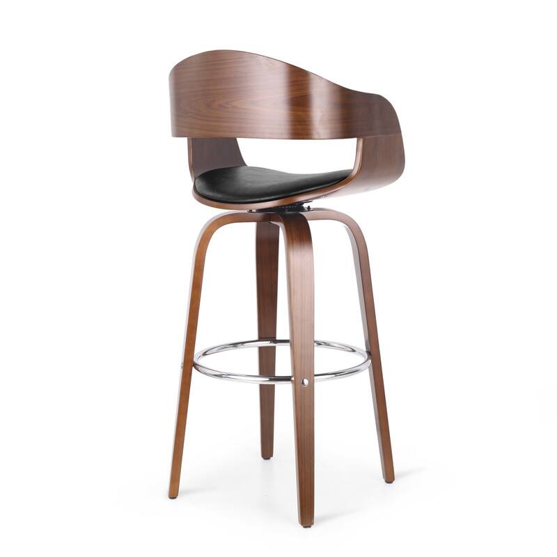 Alt View 4. HTUTWOO - Mid-Century Modern Swivel Bar Stool, Walnut Wood Veneer Frame with Footrest, Leather Upholstery for Kitchen, Island, Bar - Black.