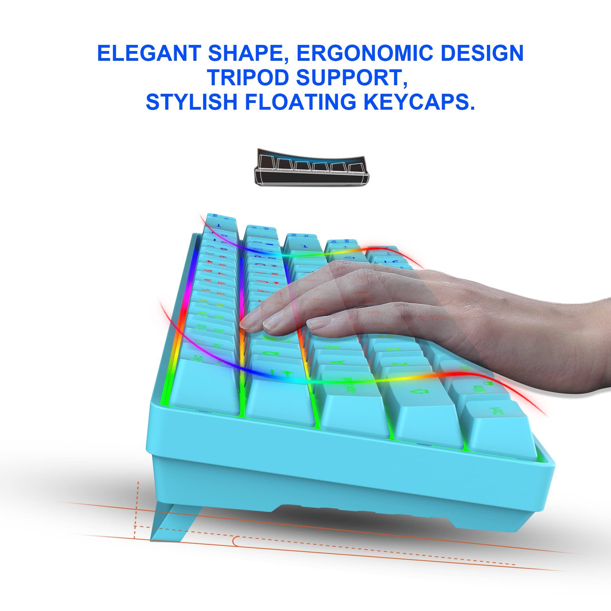 ELEGANT SHAPE, ERGONOMIC DESIGN, TRIPOD SUPPORT, STYLISH FLOATING KEYCAPS.