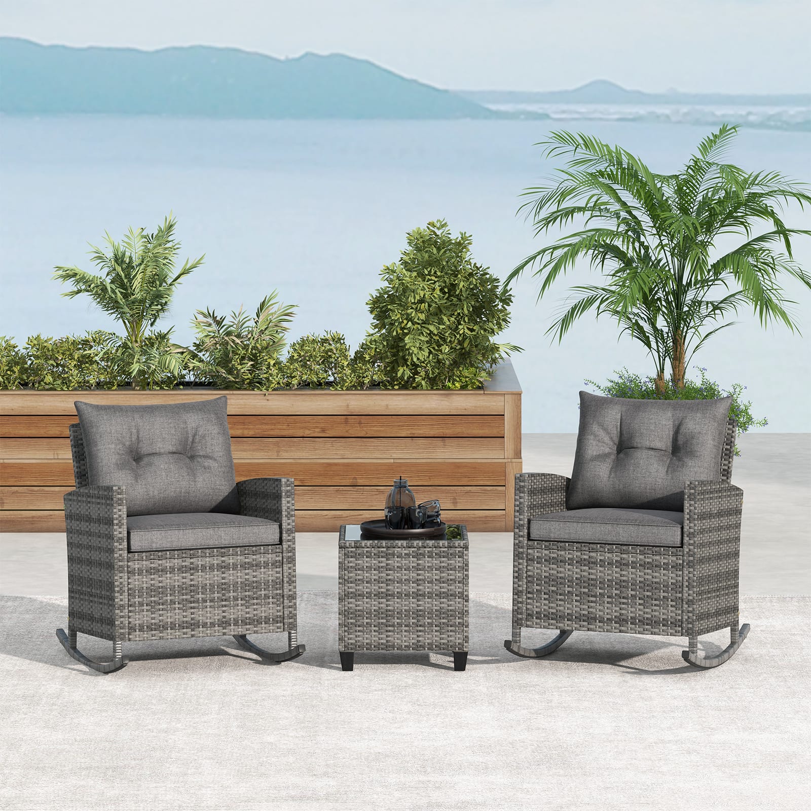 Gymax - Set of 3 Wicker Rocking Set Patio w/ Tempered Glass Table & Soft Cushions - Gray price history on PriceWatchPro