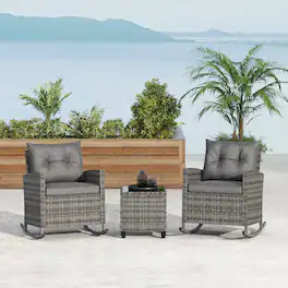 Gymax - Set of 3 Wicker Rocking Set Patio w/ Tempered Glass Table & Soft Cushions - Gray