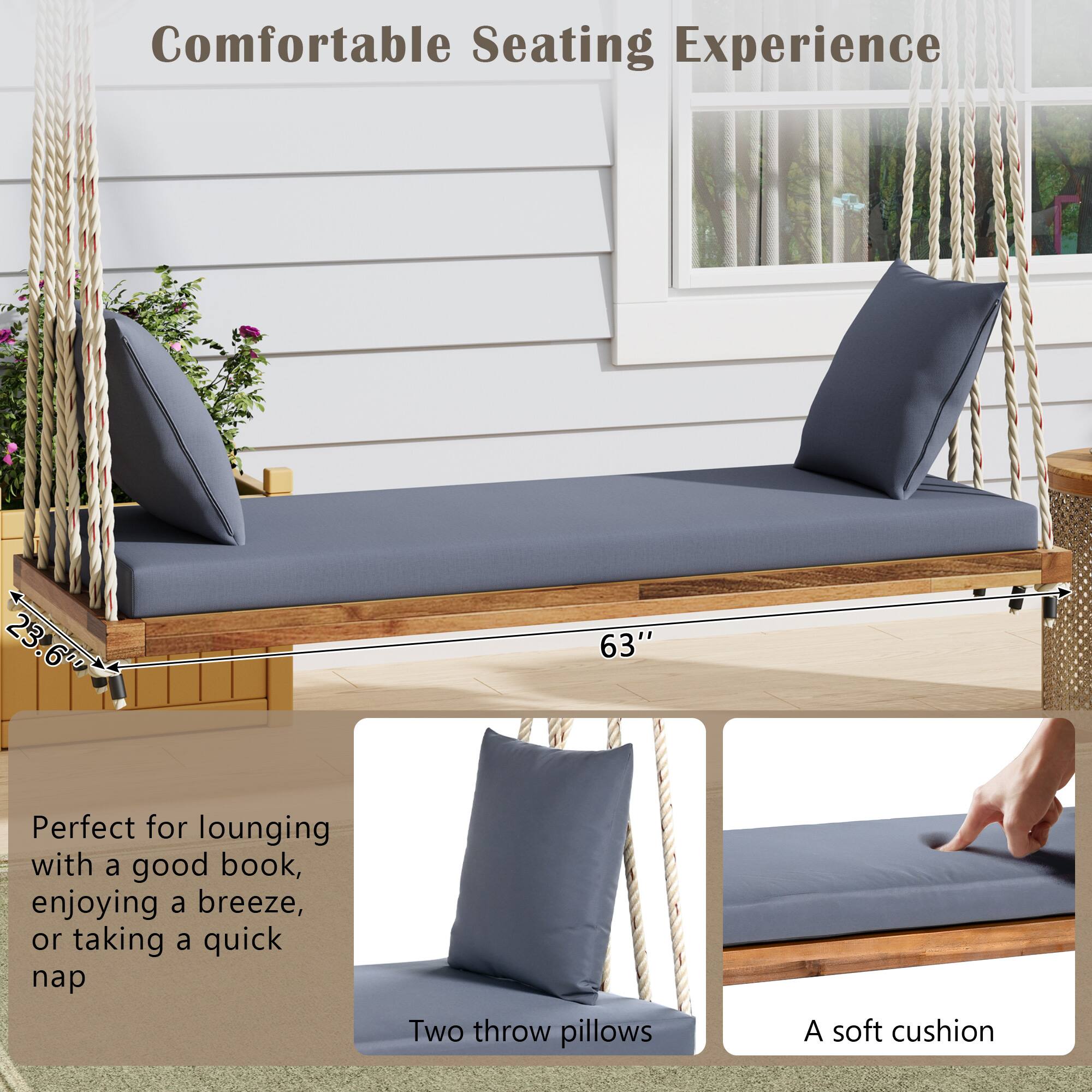 Comfortable Seating Experience

23.60" 63"

Perfect for lounging with a good book, enjoying a breeze, or taking a quick nap

Two throw pillows

A soft cushion