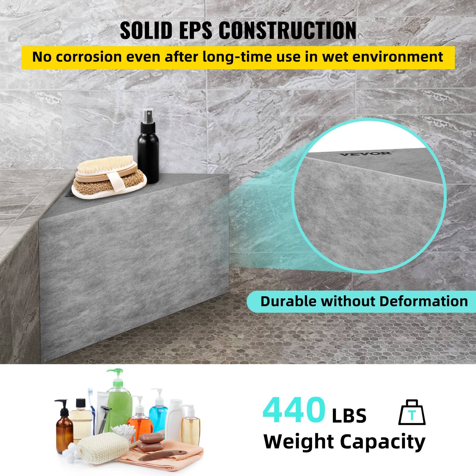 SOLID EPS CONSTRUCTION  
No corrosion even after long-time use in wet environment  

VEVOR  
Durable without Deformation  

440 LBS  
Weight Capacity
