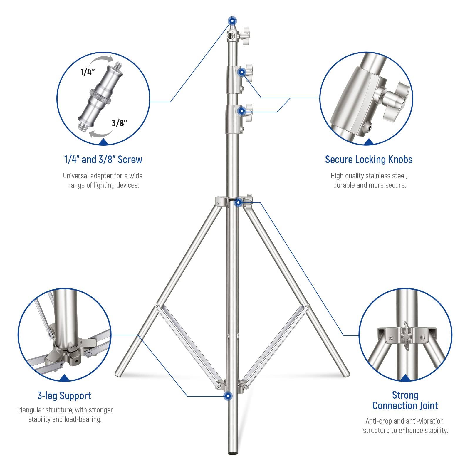 1/4" and 3/8" Screw Universal adapter for a wide range of lighting devices.  
Secure Locking Knobs High quality stainless steel, durable and more secure.  
3-leg Support Triangular structure, with stronger stability and load-bearing.  
Strong Connection Joint Anti-drop and anti-vibration structure to enhance stability.