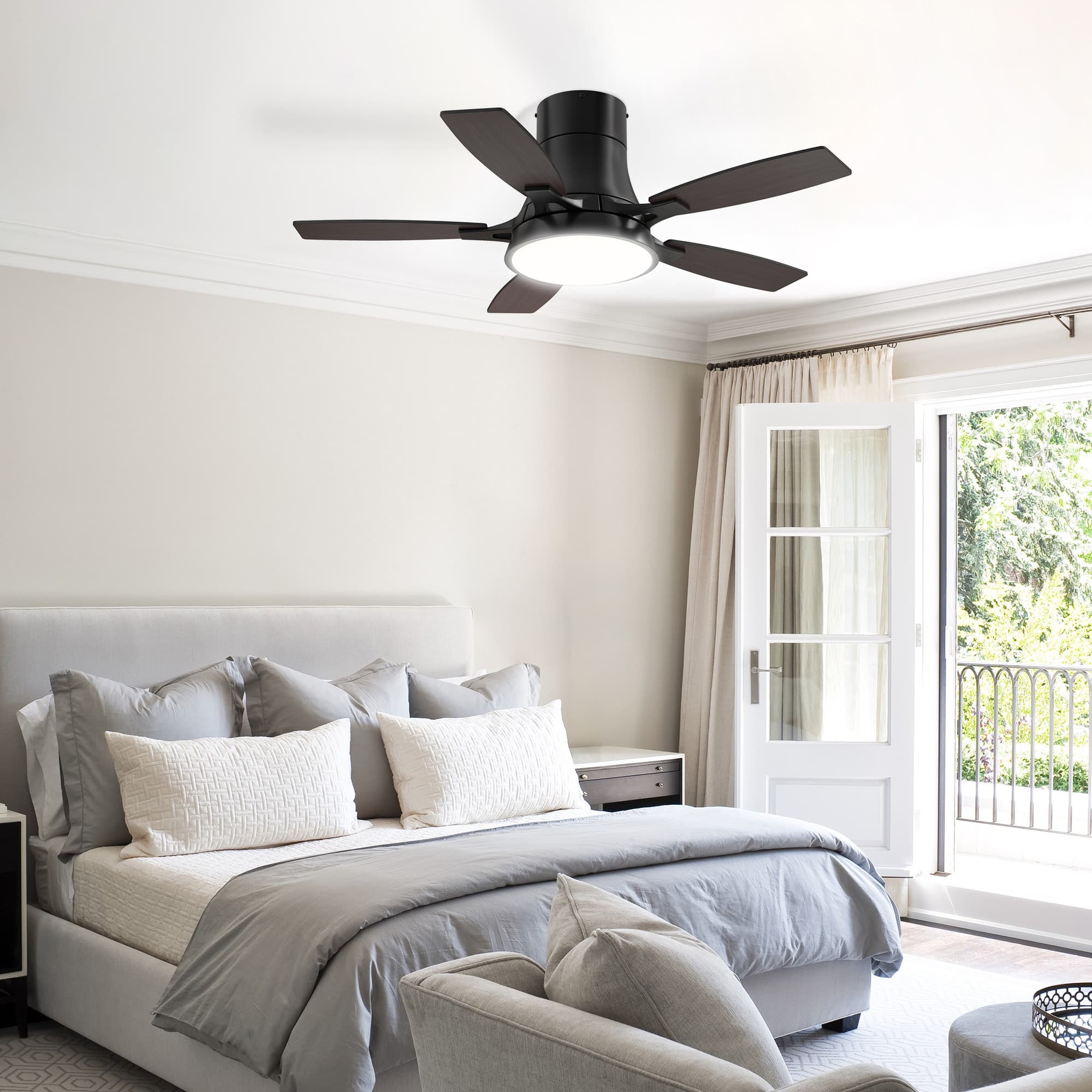 Front. Siljoy - 42 Inch Black Low Profile Flush Mount Ceiling Fan with Light and Remote Reversible Dimmable for Bedroom  Living Room - Black.