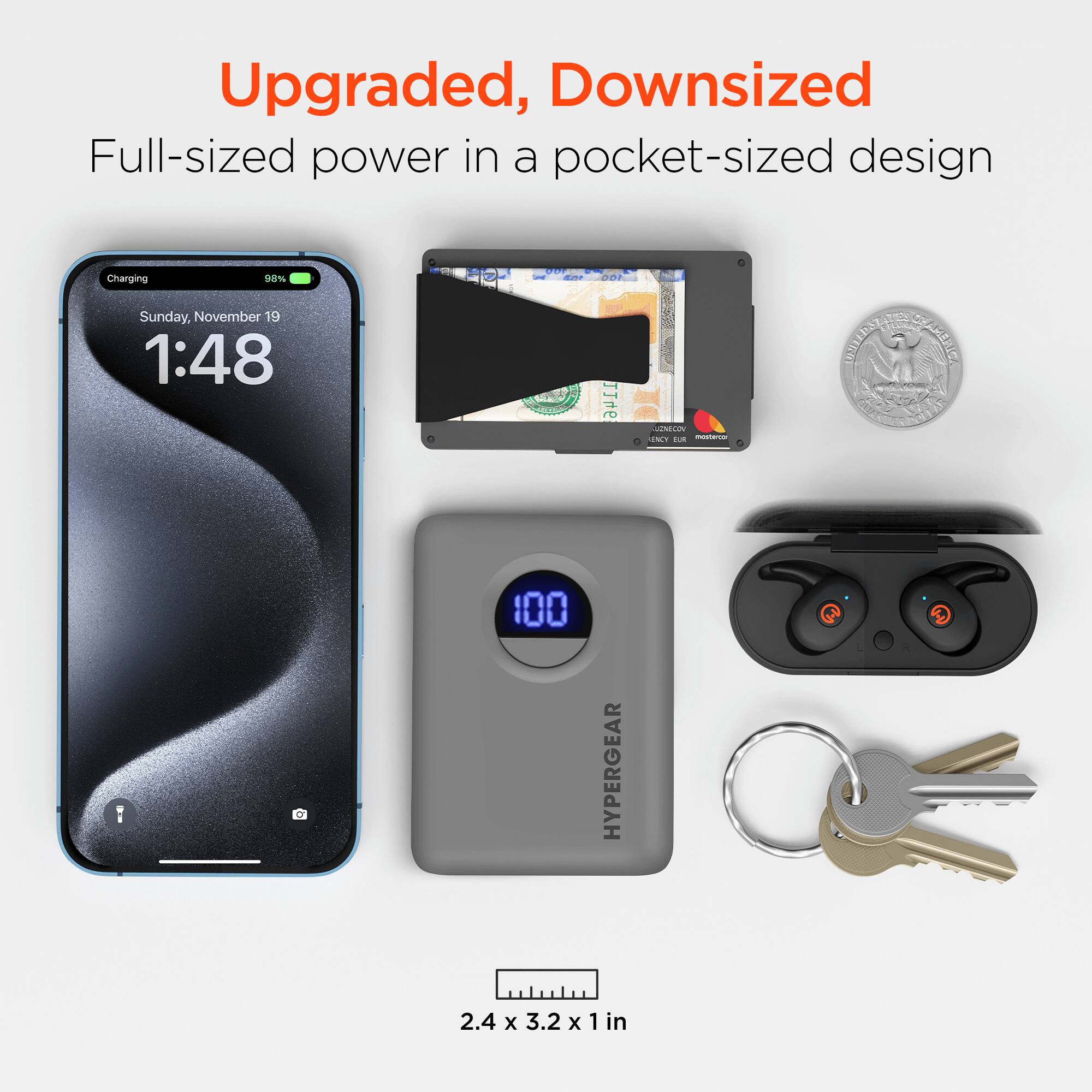 Upgraded, Downsized  
Full-sized power in a pocket-sized design  

Charging 88%  
Sunday, November 19 1:48 AM  

2d 1146 N EACY .. - PmRA ZOMERO  

100 HYPERGEAR 2.4 x 3.2 x 1 in