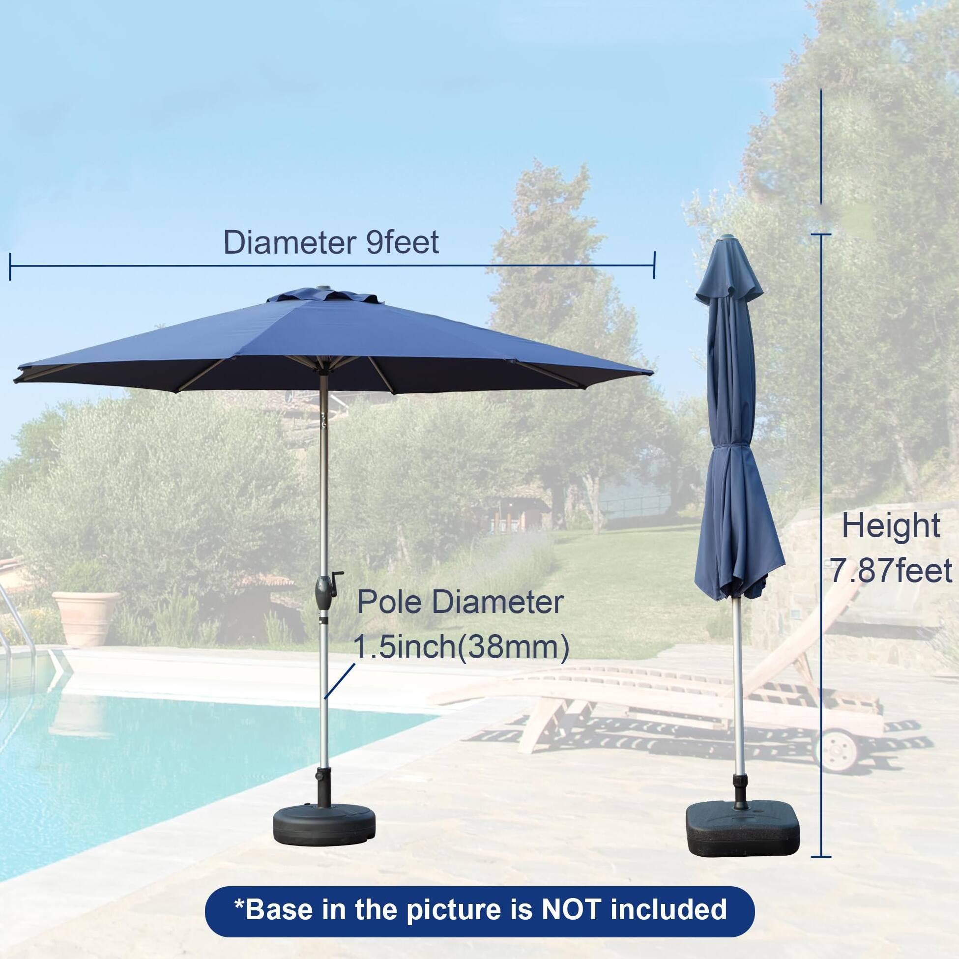 - Diameter: 9 feet
- Pole Diameter: 1.5 inch (38mm)
- Height: 7.87 feet
- *Base in the picture is NOT included