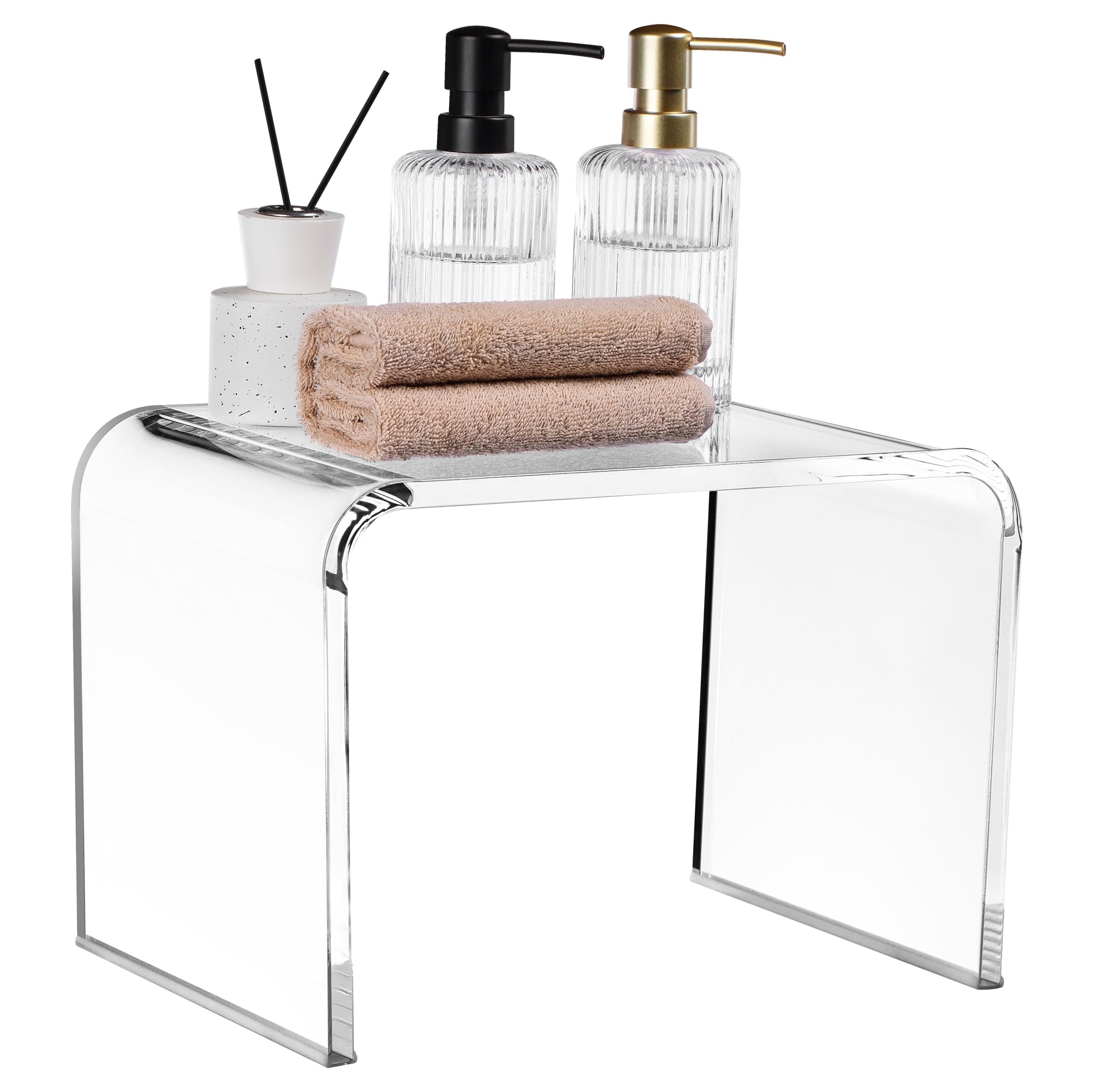 Front. JETRANSPORT - Black Shower Bench - Waterproof Stool For Bathroom Or Vanity 17.1" X 14.6" 11" Modern Glam Transparent Seat - Transparent, Small.