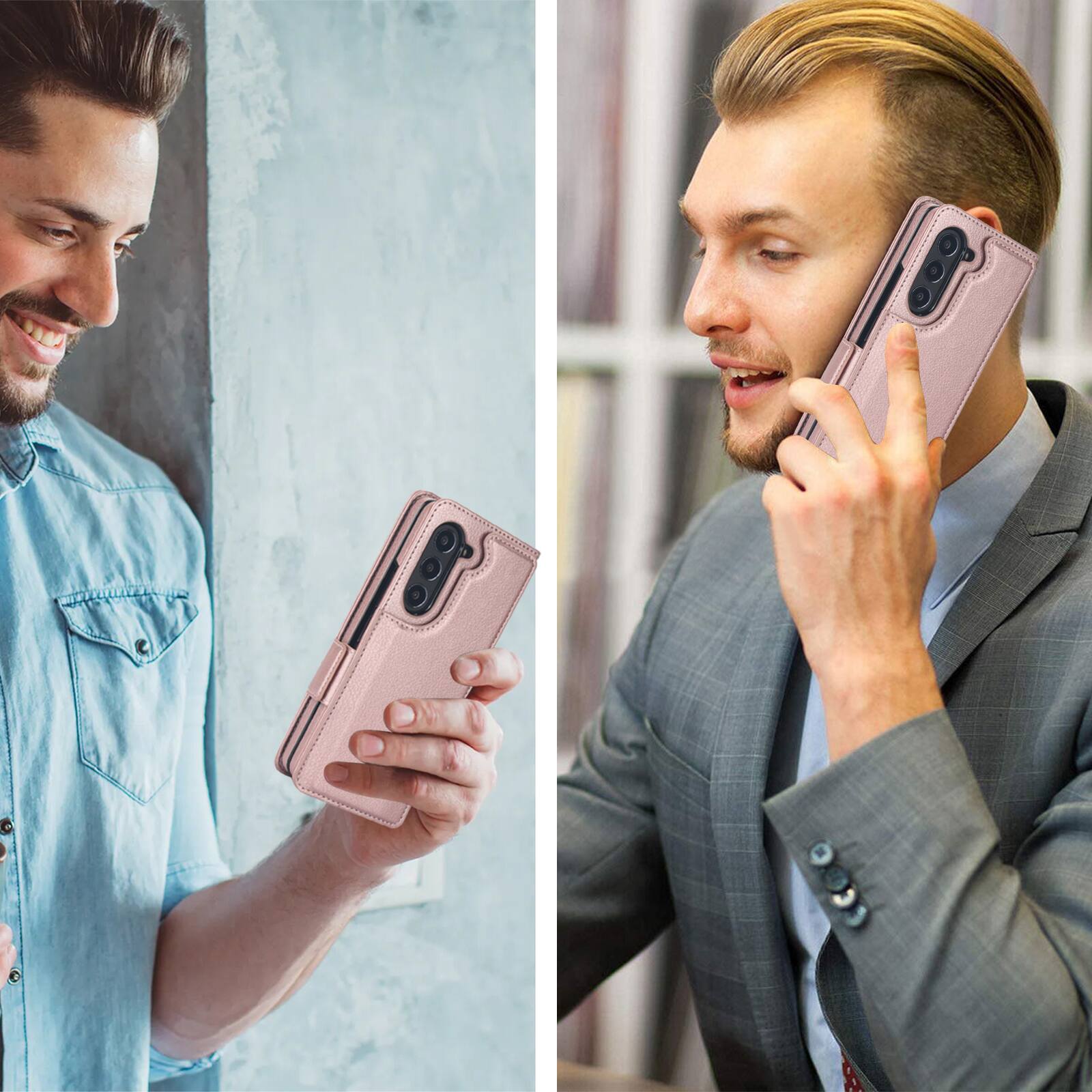 Alt View 5. Dteck - For Samsung Galaxy Z Fold 6 Wallet Case Shockproof PU Leather Pen Holder Card Slots Magnetic Clasp Kickstand Cover - Rosegold.