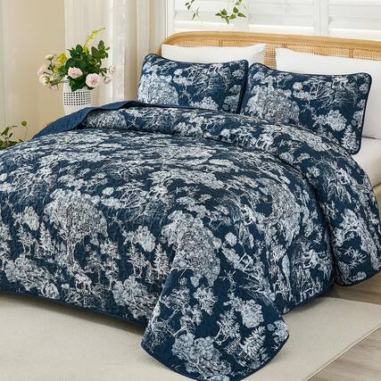 Front. Cedar Assembly - Quilt Set 3 Pieces Botanical Bedspreads Lightweight Microfiber Toile Plants Pattern Coverlet Home Decor For - Navy Blue-King.