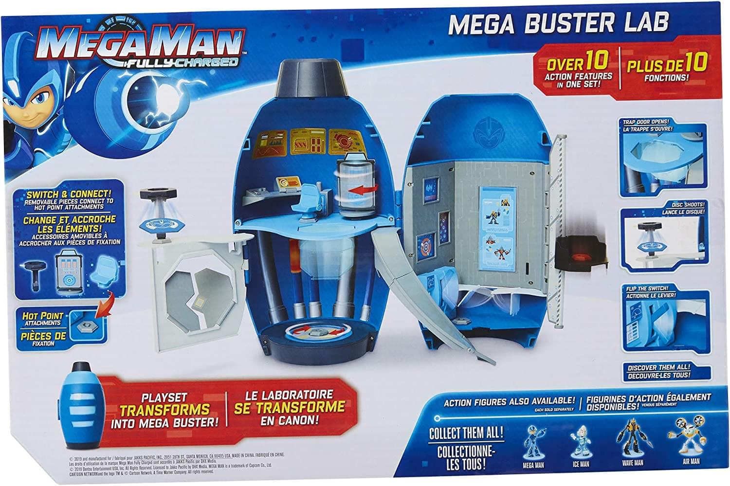 **Mega Man Fully Charged**

**Mega Buster Lab**

- **Over 10 Action Features in One Set!**
- **Plus de 10 Fonctions!**

**Switch & Connect!**
- Removable pieces connect to hot point attachments
- Change et accroche les éléments!
- Accessoires amovibles à accrocher aux pièces de fixation

**Trap Door Opens!**
- La trappe s'ouvre!

**Disc Shoots!**
- Lance le disque!

**Flip the Switch!**
- Actionne le levier!

**Playset transforms into Mega Buster!**
- Le laboratoire se transforme en canon!

**Hot Point Attachments**
- Pièces de fixation

**Action Figures Also Available!**
- Figurines d'action également disponibles!
- Collect them all!
- Collectionnez-les tous!

**Mega Man**
- Ice Man
- Wave Man
- Air Man

**© 2019 Bandai Entertainment Inc. © Capcom Co., Ltd. All Rights Reserved. Licensed to Jakks Pacific, Inc. Mega Man is a trademark of Capcom Co., Ltd.**

**© 2019 Jakks Pacific, Inc. © 20