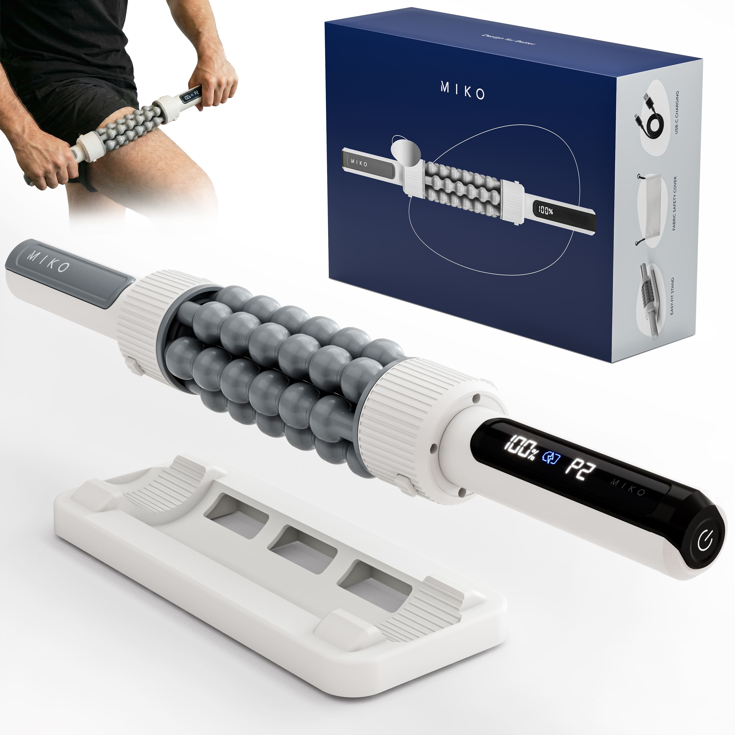 Miko - Swift Hands-Free Rolling Percussive Massager for Muscle Recovery, Tension Relief, and Relaxation - White