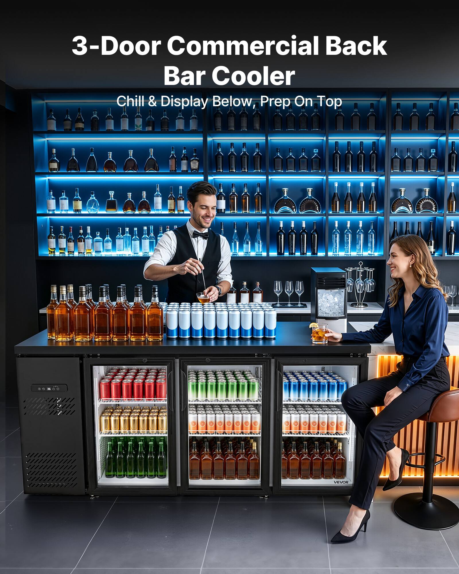 3-Door Commercial Back Bar Cooler  
Chill & Display Below, Prep On Top