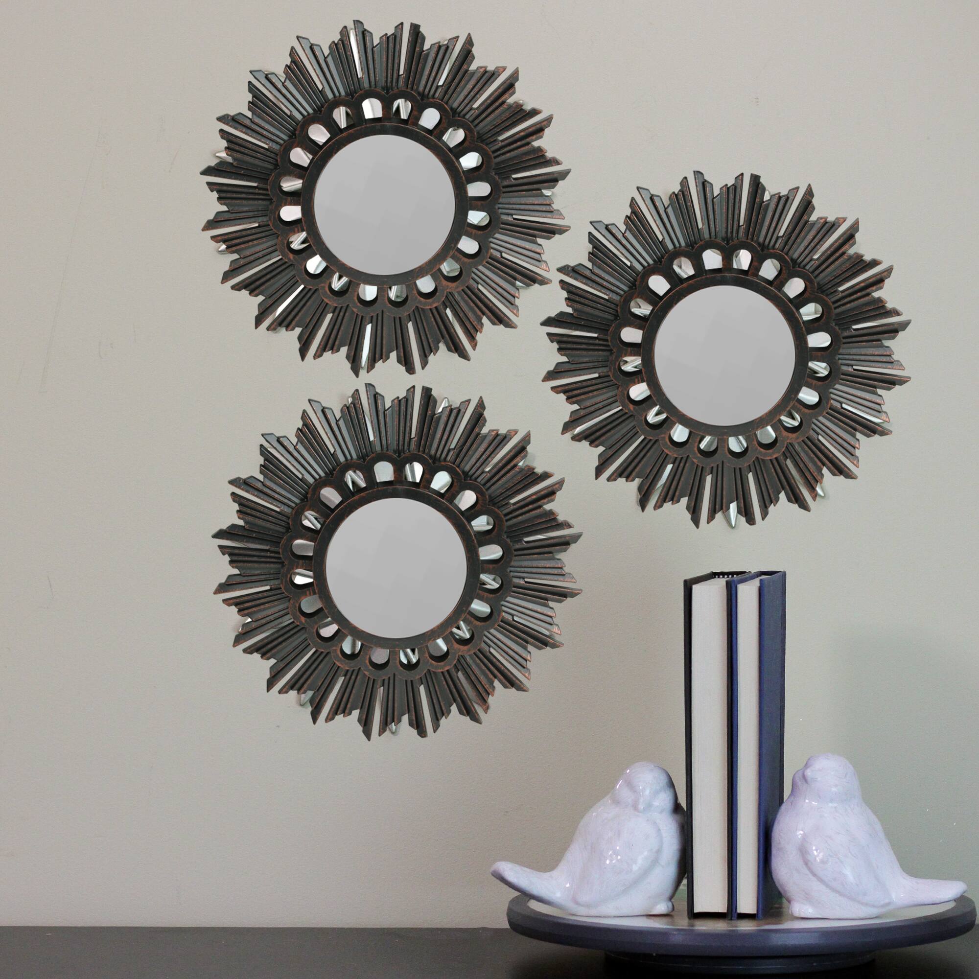 Alt View 1. Northlight - Set of 3 Floral Sunburst Brushed Bronze Round Wall Mirrors 9.5" - Black.