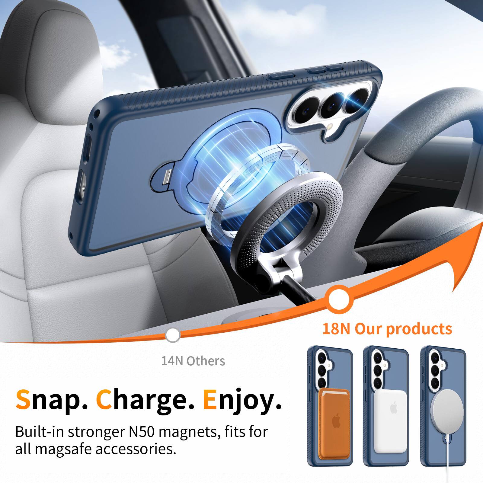 18N Our products  
14N Others  
Snap. Charge. Enjoy.  
Built-in stronger N50 magnets, fits for all mag safe accessories.