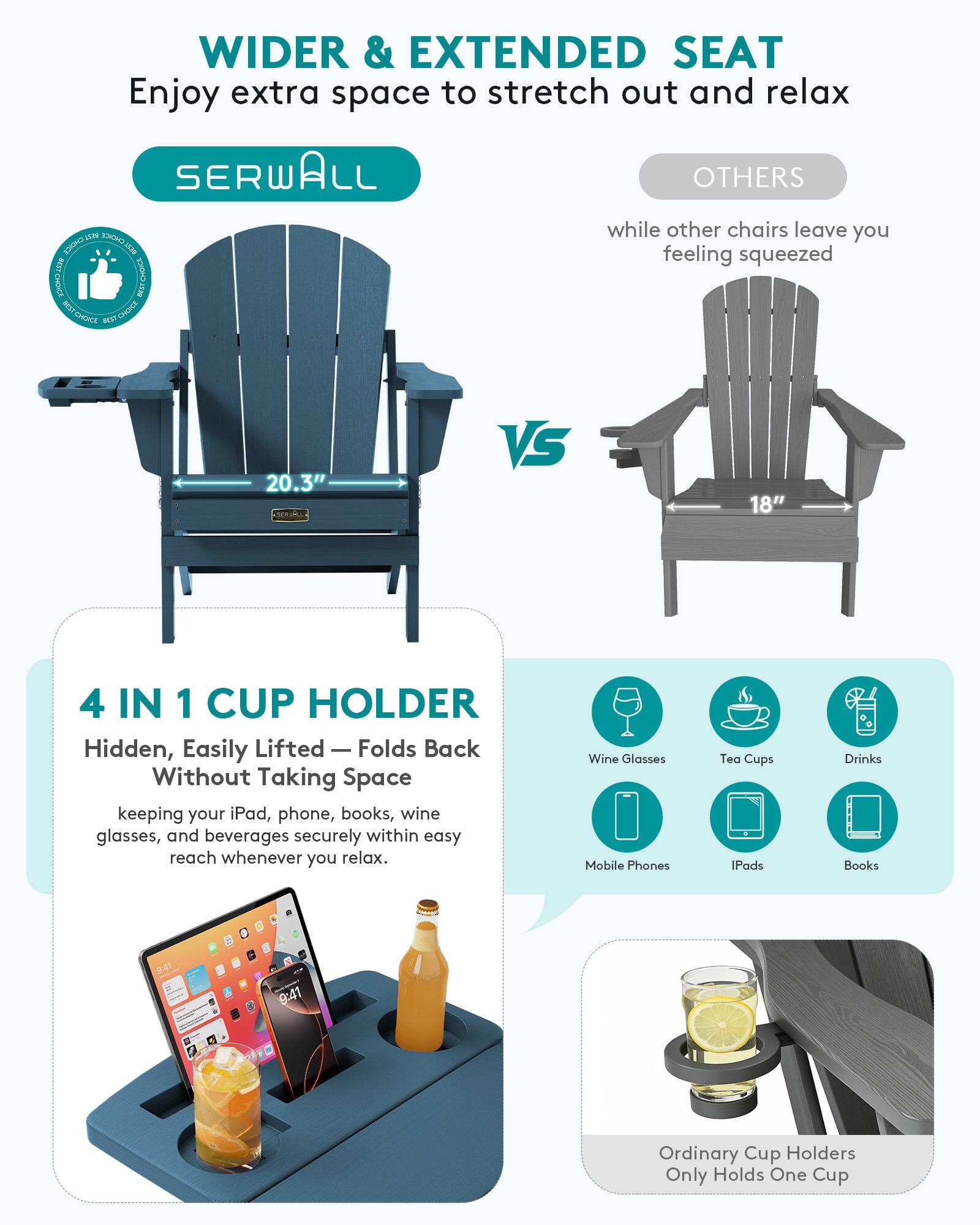 WIDER & EXTENDED SEAT  
Enjoy extra space to stretch out and relax  

SERWALL  
OTHERS  
while other chairs leave you feeling squeezed  

20.3"  
VS  
18"  

4 IN 1 CUP HOLDER  
Hidden, Easily Lifted — Folds Back Without Taking Space  
keeping your iPad, phone, books, wine glasses, and beverages securely within easy reach whenever you relax.  

Wine Glasses  
Tea Cups  
Drinks  
Mobile Phones  
IPads  
Books  

Ordinary Cup Holders Only Holds One Cup