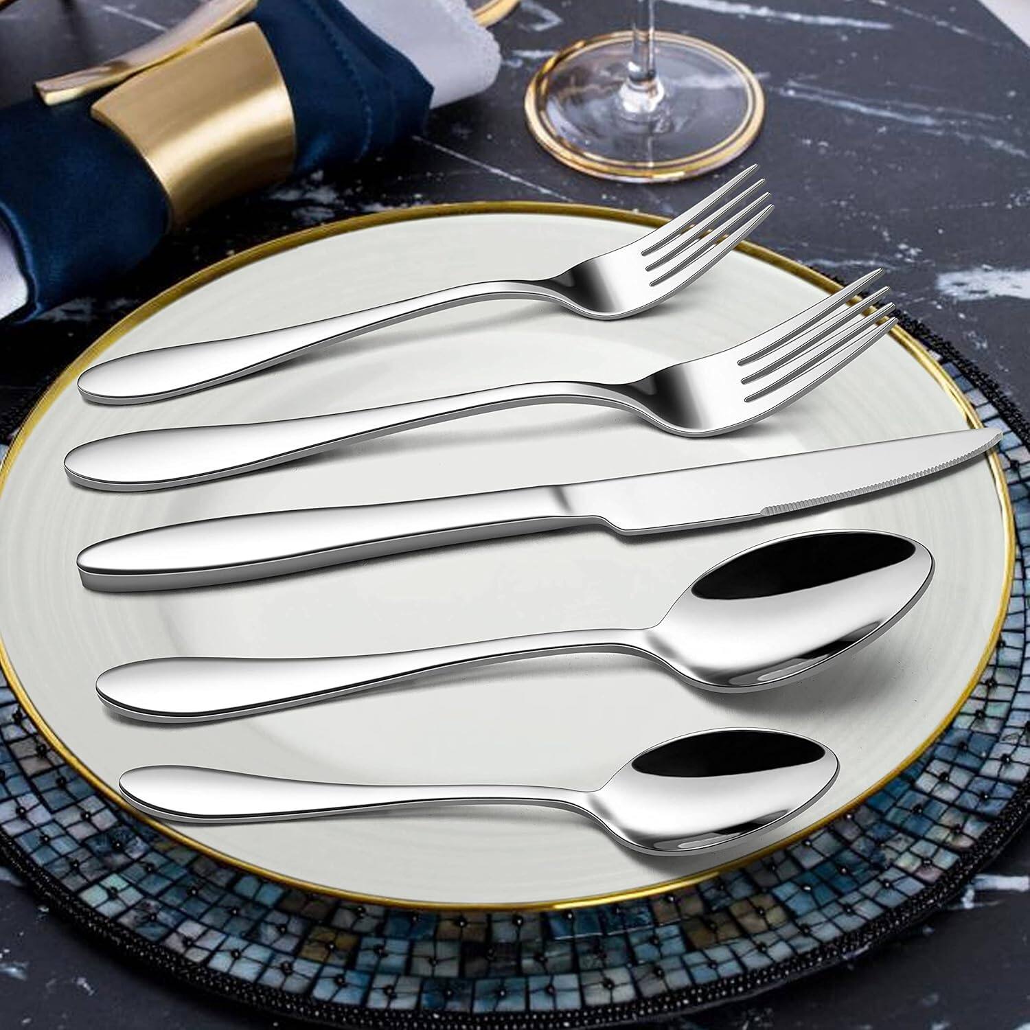 Left. Dazzed Corner - 40 Piece Silverware Flatware Set for 8,Stainless Steel Cutlery Set - Silver.