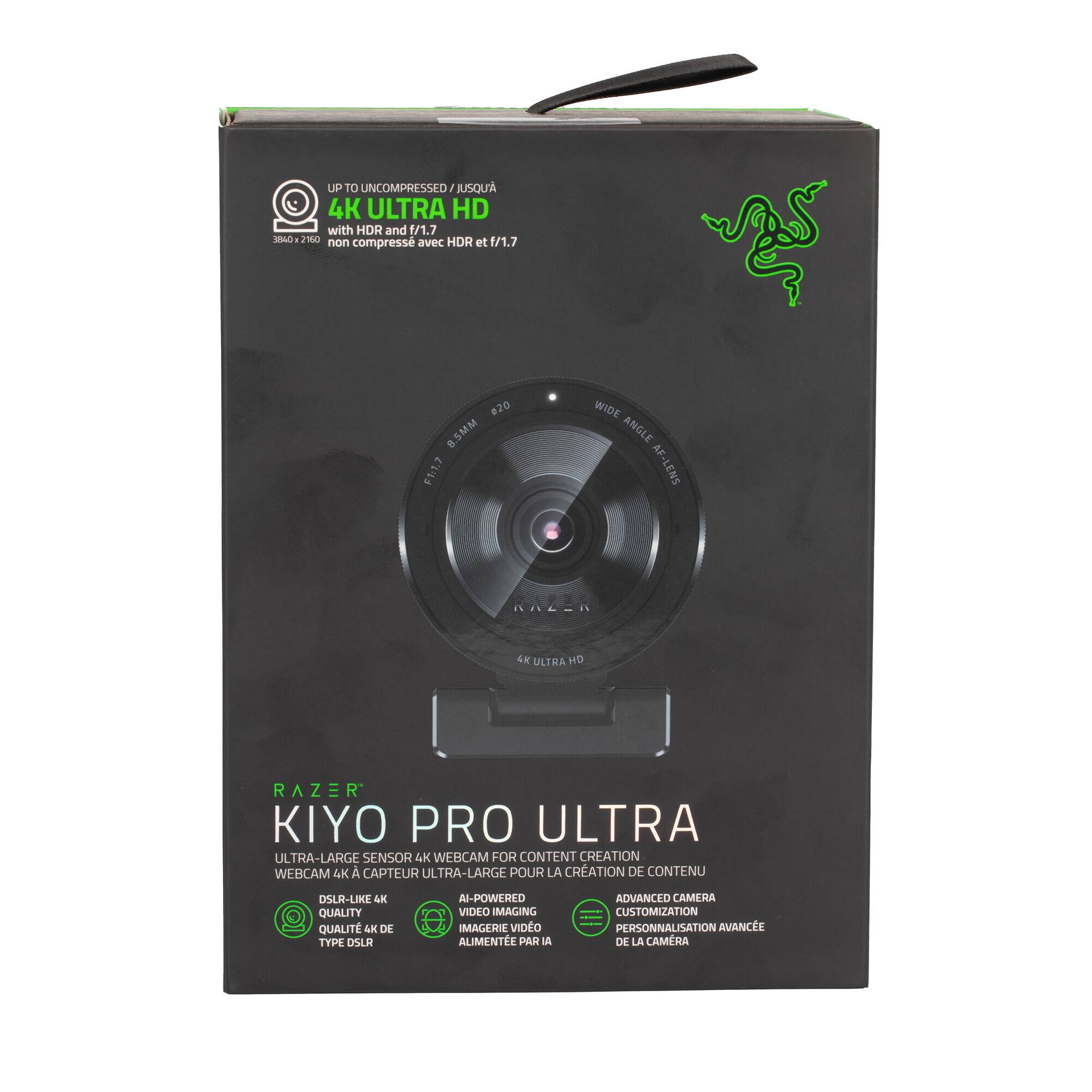 **Razer Kiyo Pro Ultra**

- **Up to Uncompressed / Jusqu'à 4K Ultra HD** with HDR and f/1.7
  - 13MP 2/60 non compressé avec HDR et 1/1.7

- **Wide Angle Lens**
  - 95mm f/1.7 Wide Angle Lens

- **Ultra-Large Sensor 4K Webcam for Content Creation**
  - Ultra-Large Sensor 4K Webcam for Content Creation
  - Capteur Ultra-Large 4K pour la Création de Contenu

- **DSLR-like 4K Video Quality**
  - DSLR-like 4K Video Quality
  - Qualité 4K de Type DSLR

- **AI-Powered Video Imaging**
  - AI-Powered Video Imaging
  - Imagerie Vidéo Alimentée par IA

- **Advanced Camera Customization**
  - Advanced Camera Customization
  - Personnalisation Avancée de la Caméra
