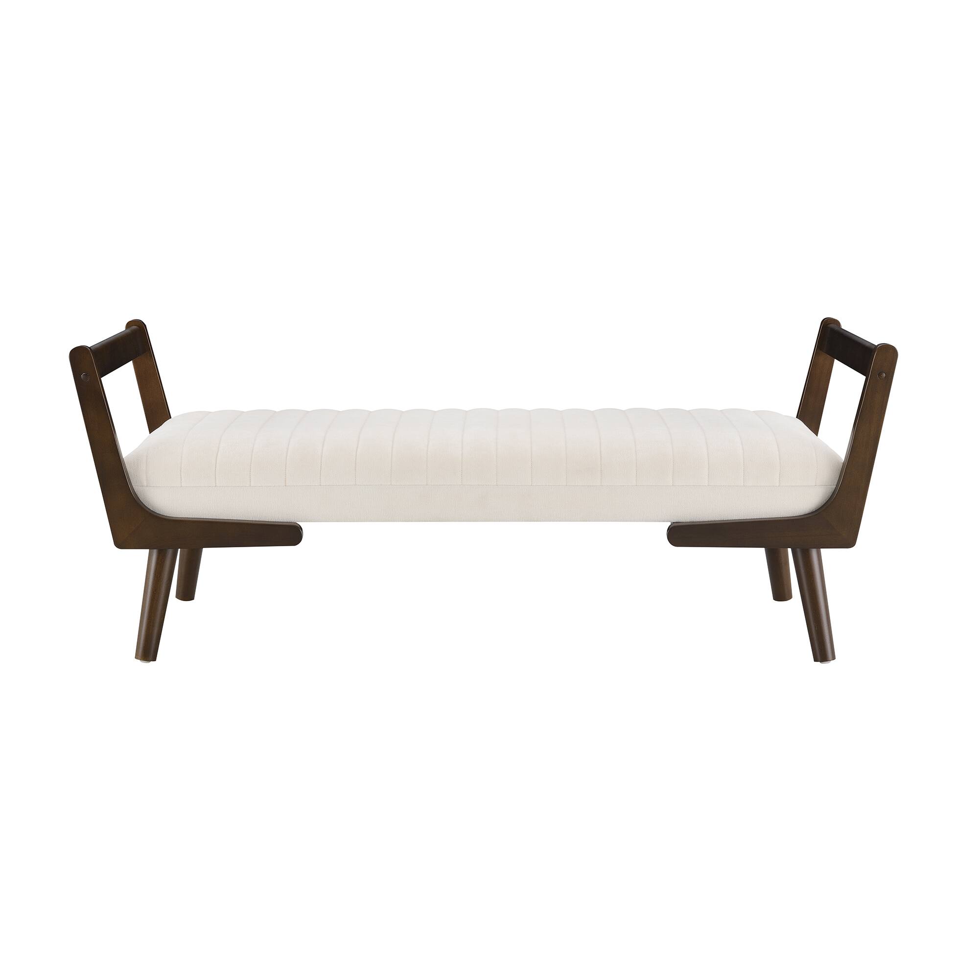 Left. GOODSILO - Mid-Century Modern Upholstered Bench with Walnut Wood Legs and Channeled Tufted Design for Living Spaces - Beige.