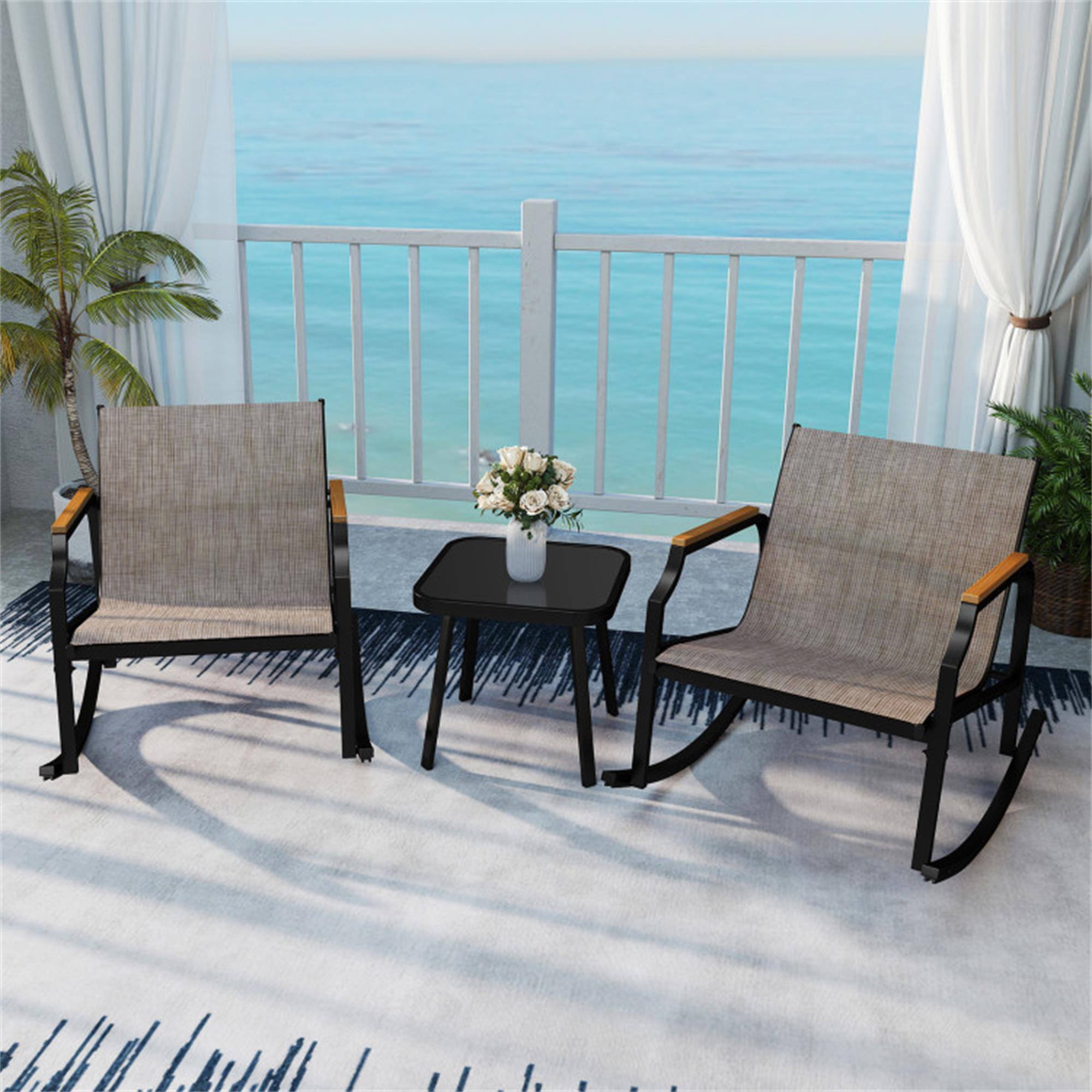 Alt View 1. Boyel Living - Brown 3 Piece Patio Rocking Bistro Set with Tempered Glass Coffee Table and Armrests for 35-in L x 29-in W x 27-in H - Brown.
