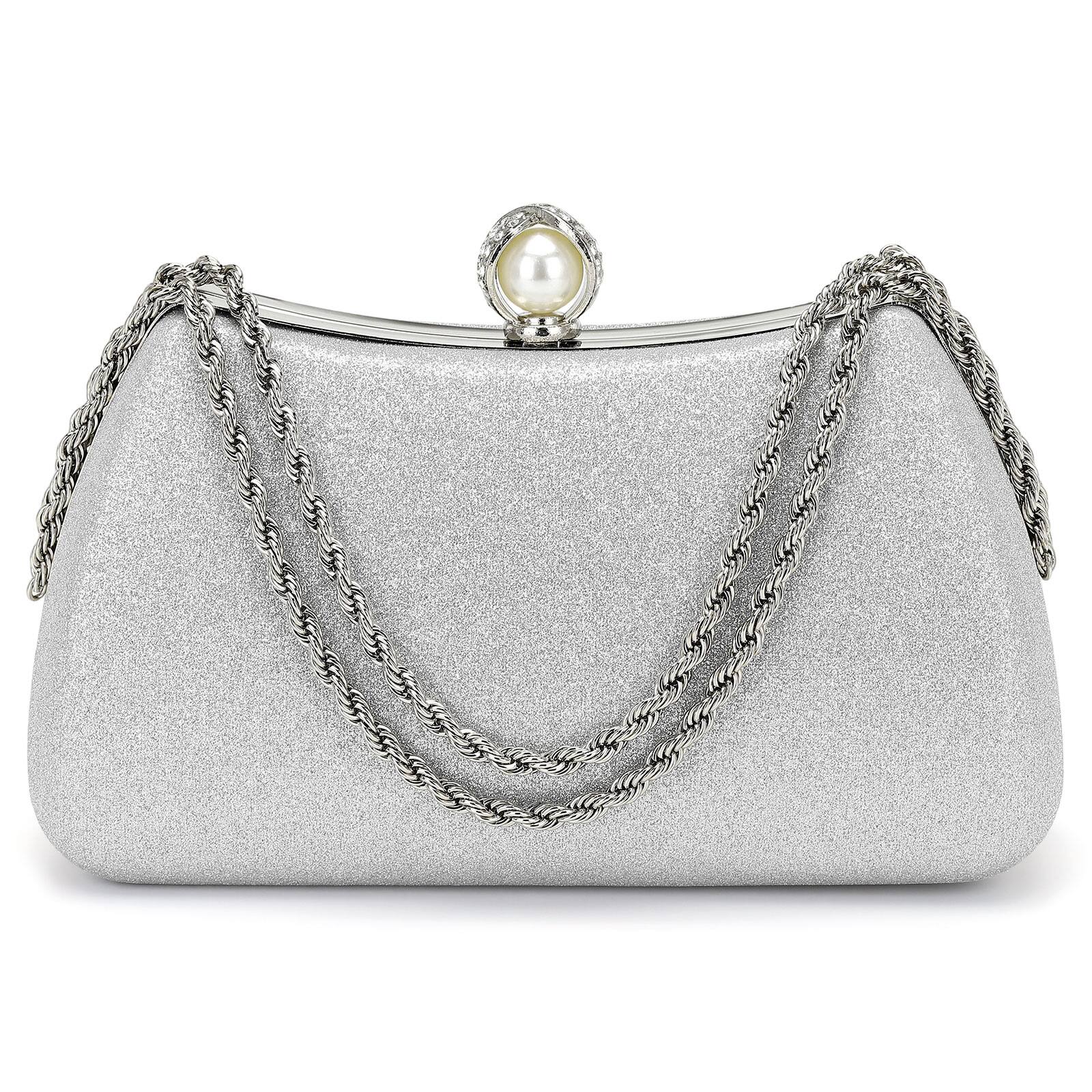 Front. Unique Bargains - Luxury Glitter Clutch Purse for Women, Sequin Evening Bag with Pearl Sparkly Wedding Handbag for Bride Party - Silver.