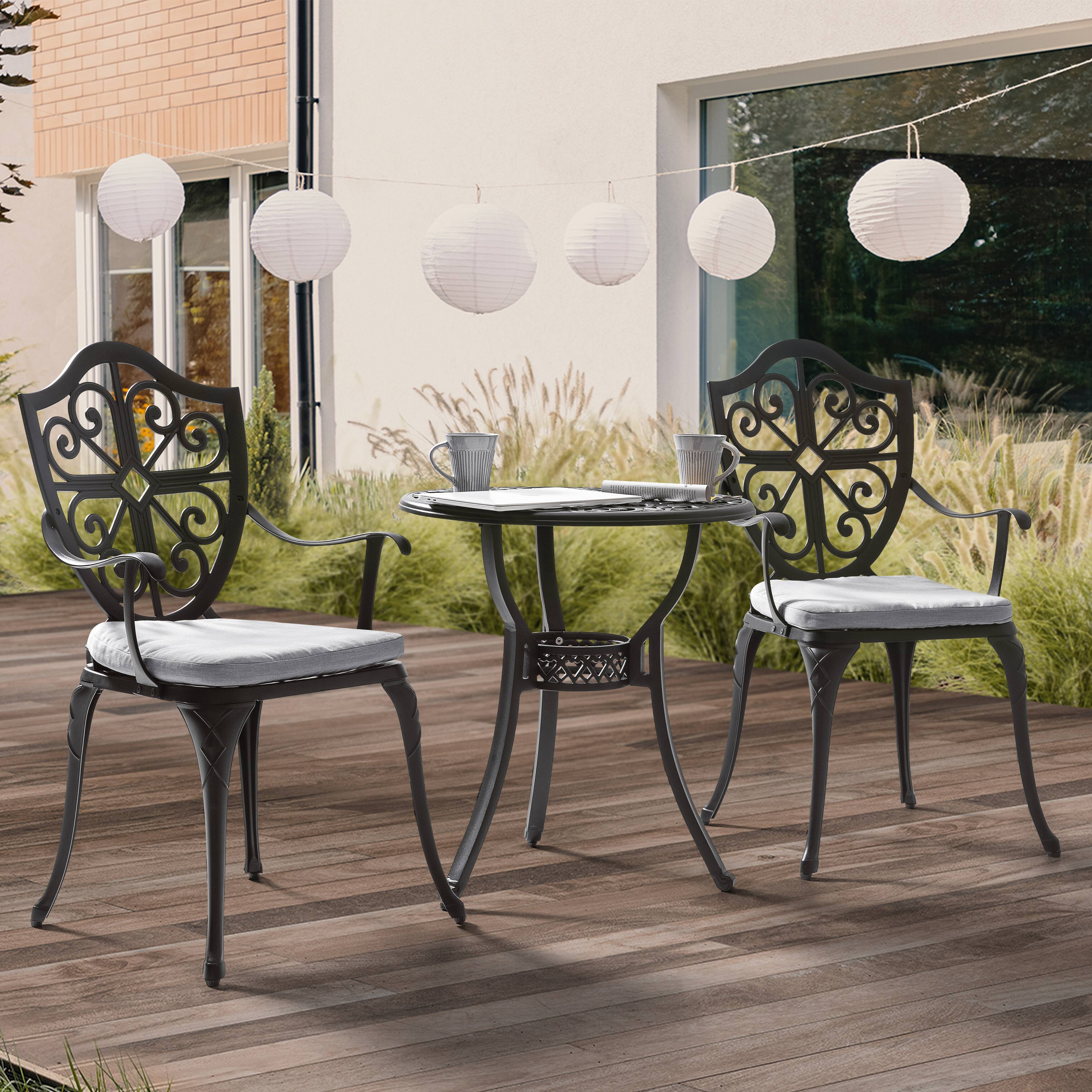 Left. Nuu Garden - 24 Inch Cast Aluminum Bistro Table with Umbrella Hole and 2 Bistro Chairs - Black and Gray.