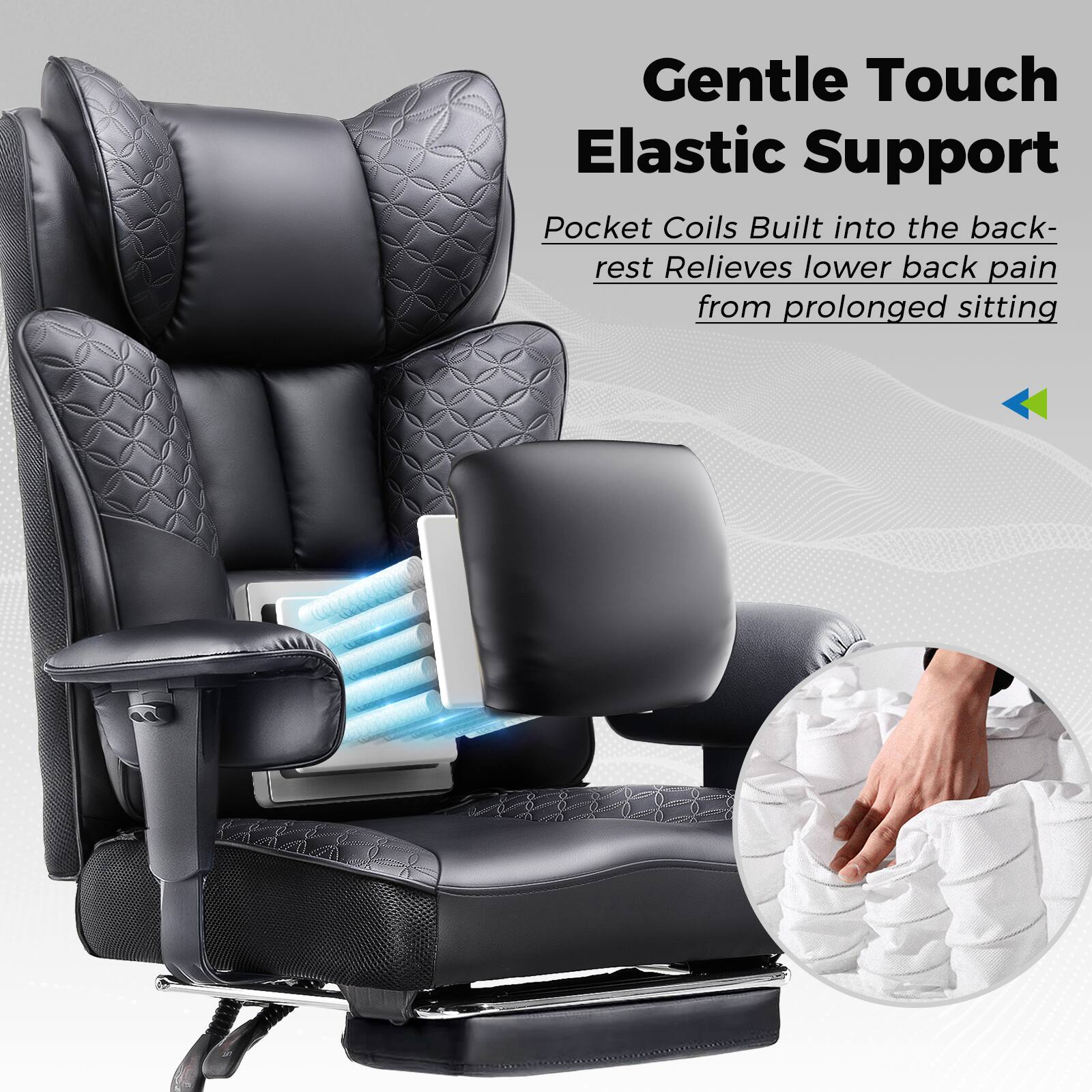 Gentle Touch Elastic Support

Pocket Coils Built into the back-rest Relieves lower back pain from prolonged sitting