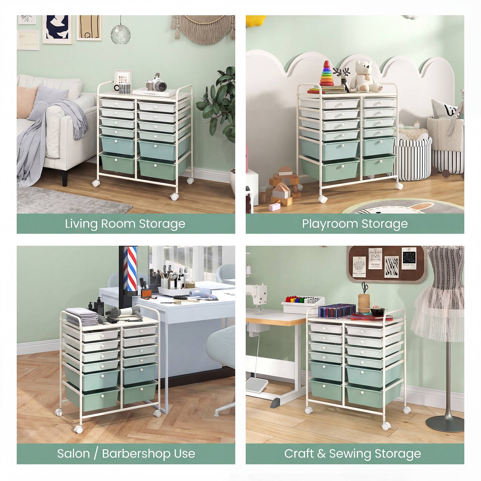 Living Room Storage  
Playroom Storage  
Salon / Barbershop Use  
Craft & Sewing Storage