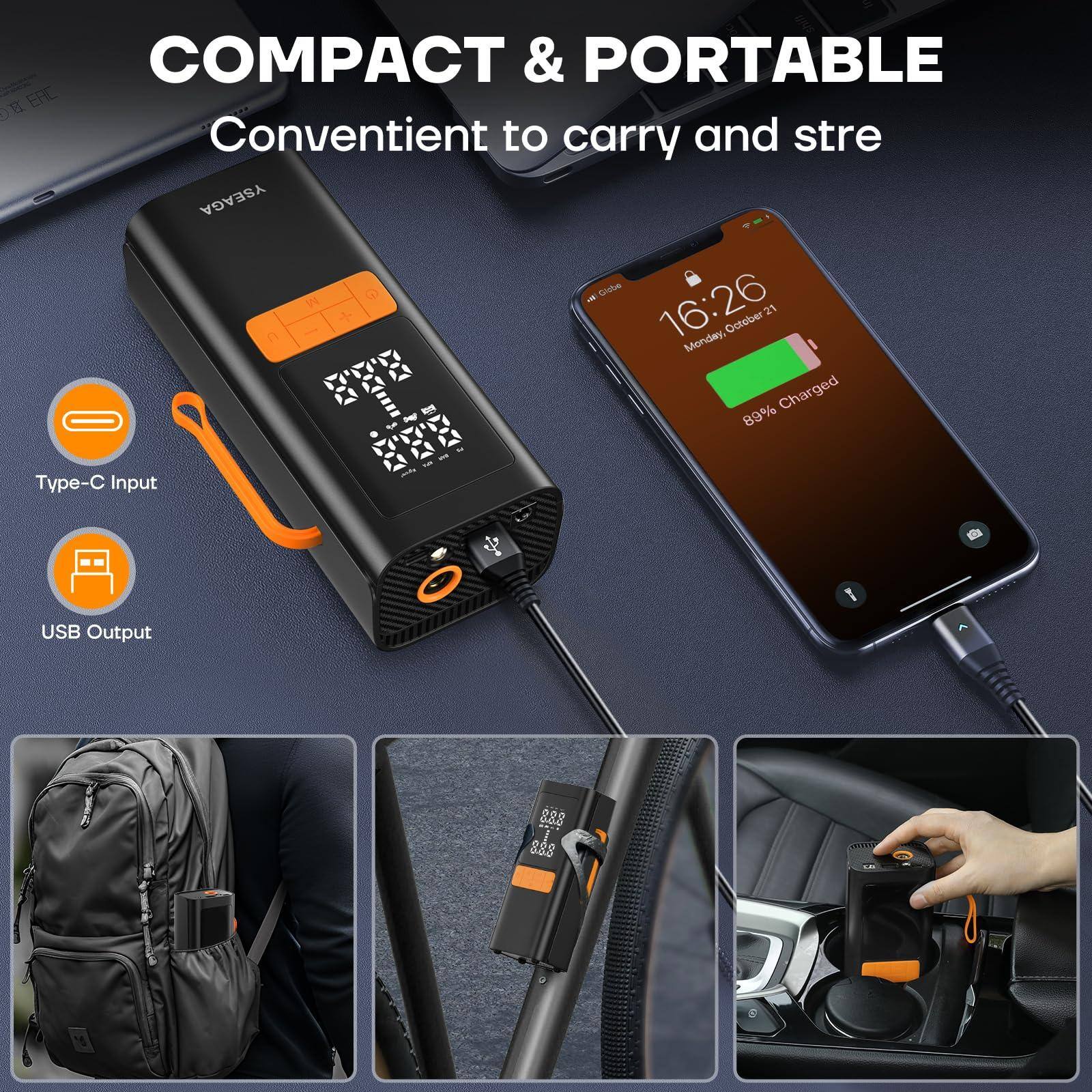COMPACT & PORTABLE  
Convenient to carry and store  

Type-C Input  
USB Output  

16:26  
Monday, October 21  
89% Charged