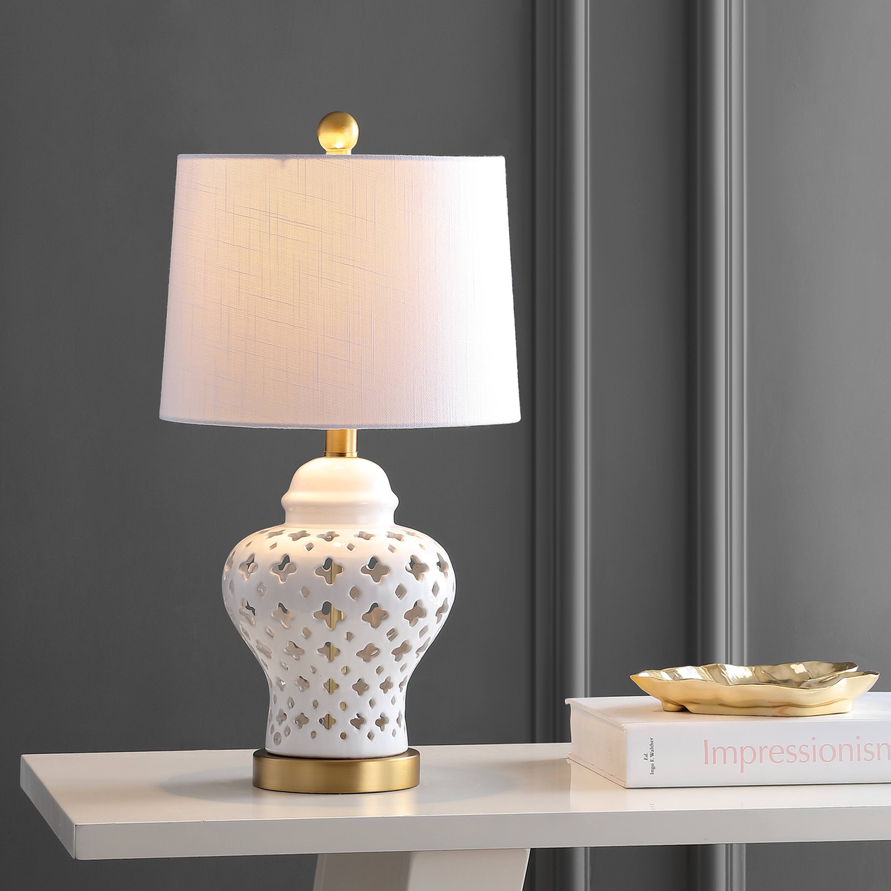 Alt View 1. Jonathan Y - Quatrefoil Fretwork 20.5" Pierced Ginger Jar Ceramic/Metal LED Table Lamp, White - White.