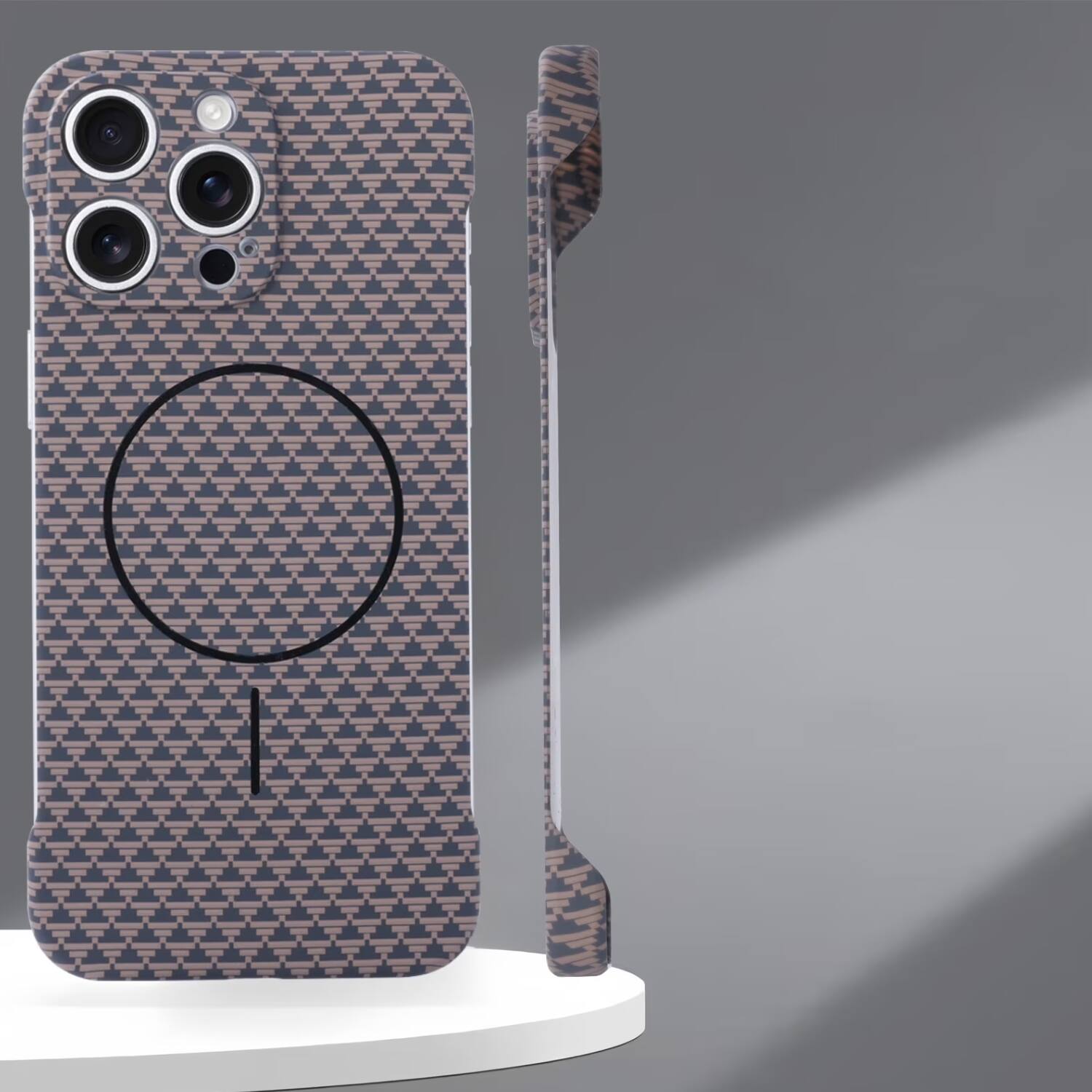 Angle. Stock Preferred - MagSafe Slim Frameless Carbon Fiber Texture Case for iPhone 17 Pro Gold - Gold.