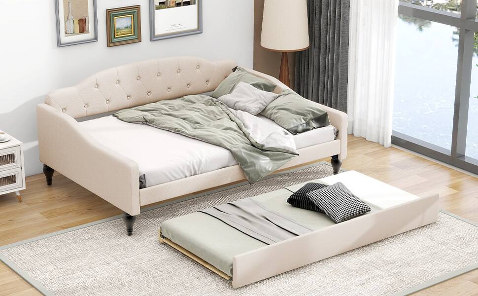 Alt View 1. Tiramisubest - Full Size Upholstered Tufted Daybed with Twin Size Trundle, Beige - Beige.
