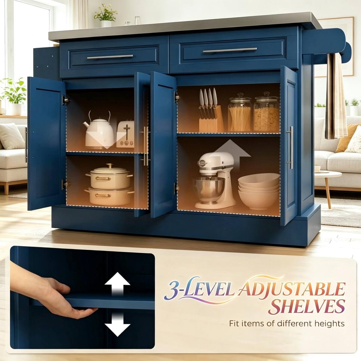 3-LEVEL ADJUSTABLE SHELVES  
Fit items of different heights