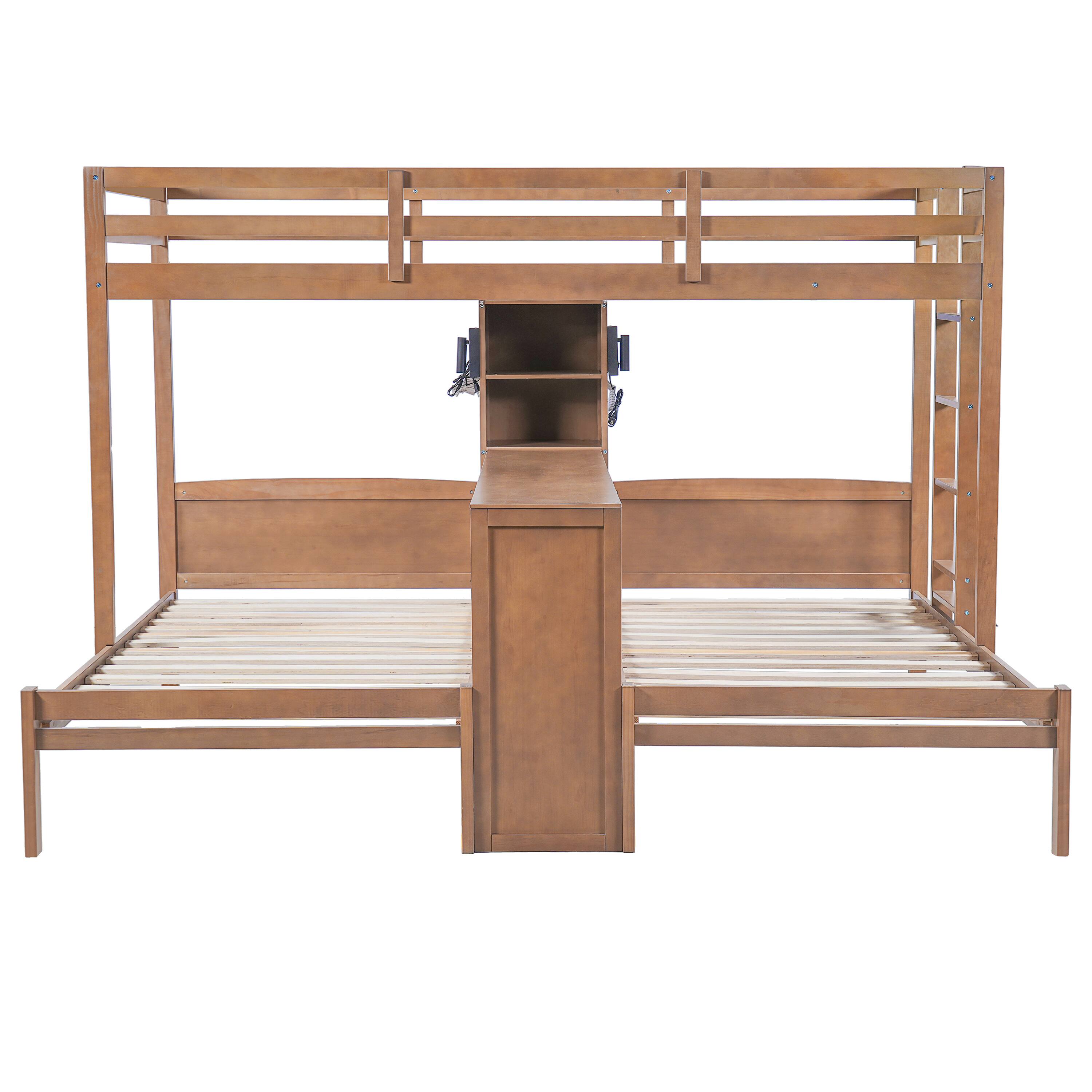Back. Whisen - Twin over Twin over Twin Bunk Bed with Built-in Desk, Storage Shelves and LED Reading Lamp - Natural.