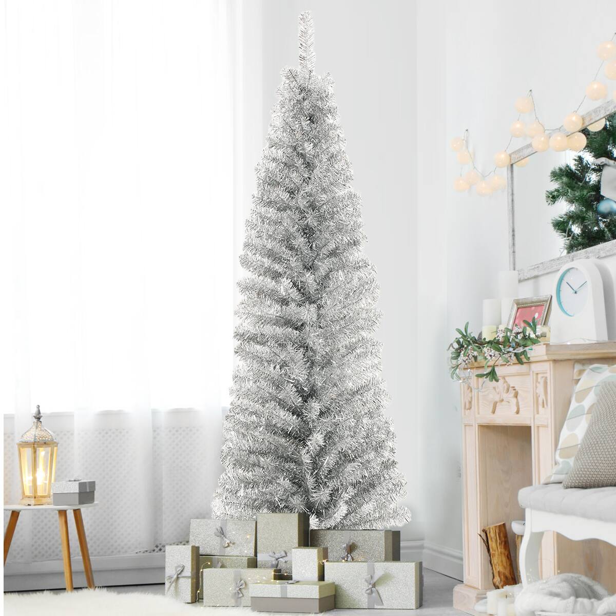 Gymax - 6ft Pencil Artificial Christmas Tree Electroplate Pencil Tree - Silver