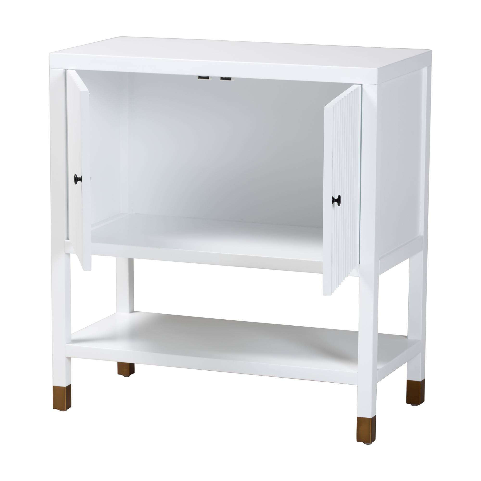 Angle. bali & pari - Aiden Fluted Sideboard -  2-Door Accent Storage Cabinet with Open Shelf and Raised Legs - White/Brass/Black.