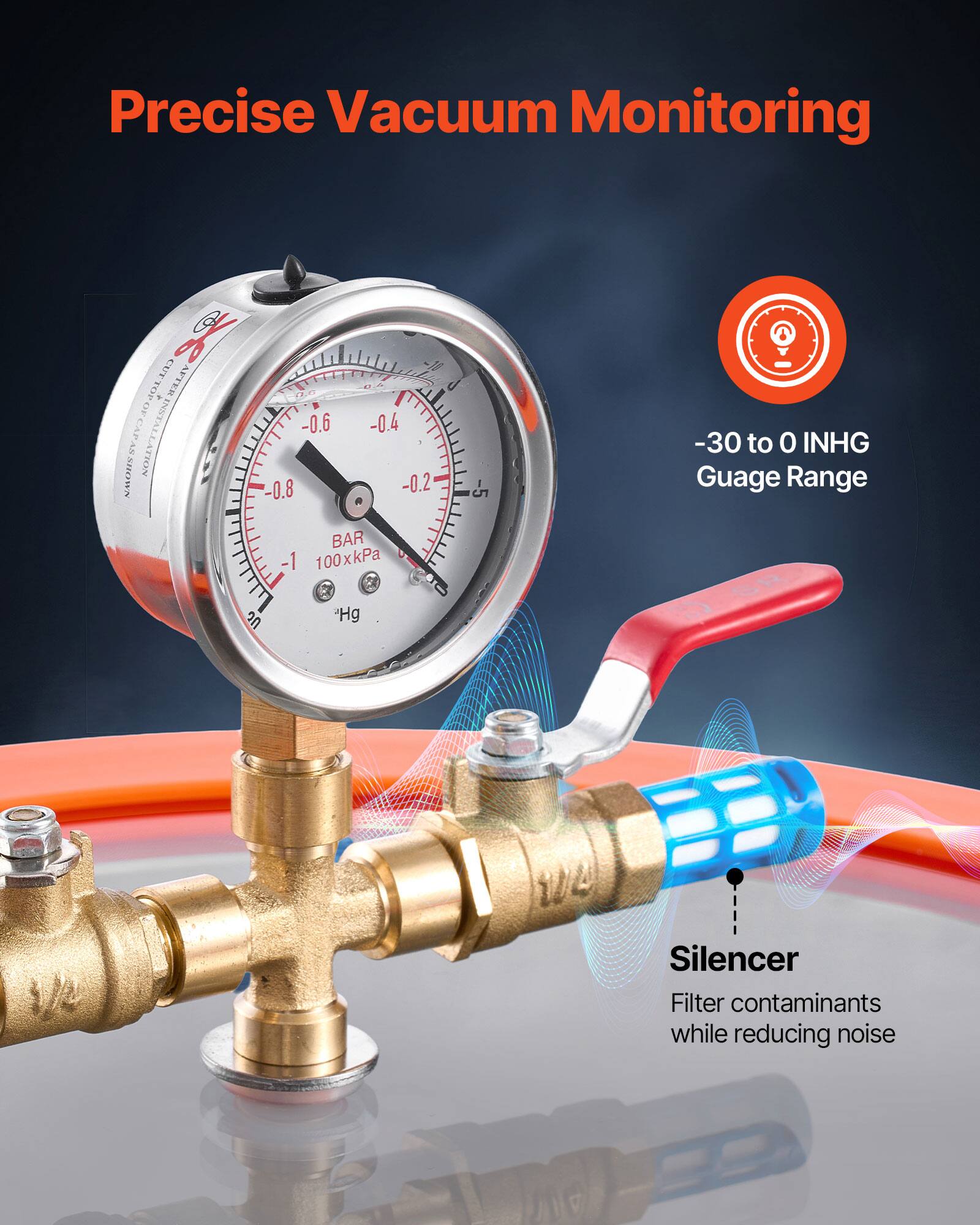 Precise Vacuum Monitoring

CUT % CUTTOP AFTER 0,6 OF -0.6 -0.4 NAVOX CAPAS INSTALLATION -0.2 -0.8 BAR -1 100xkPa

-30 to 0 INHG Gauge Range

Silencer
Filter contaminants while reducing noise