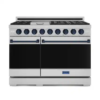 Front. Thor Kitchen - Gordon Ramsay Series by Thor Kitchen 6.8 Cu. Ft Freestanding Liquid Propane Gas Range with Navy Blue Hardware - Stainless Steel.