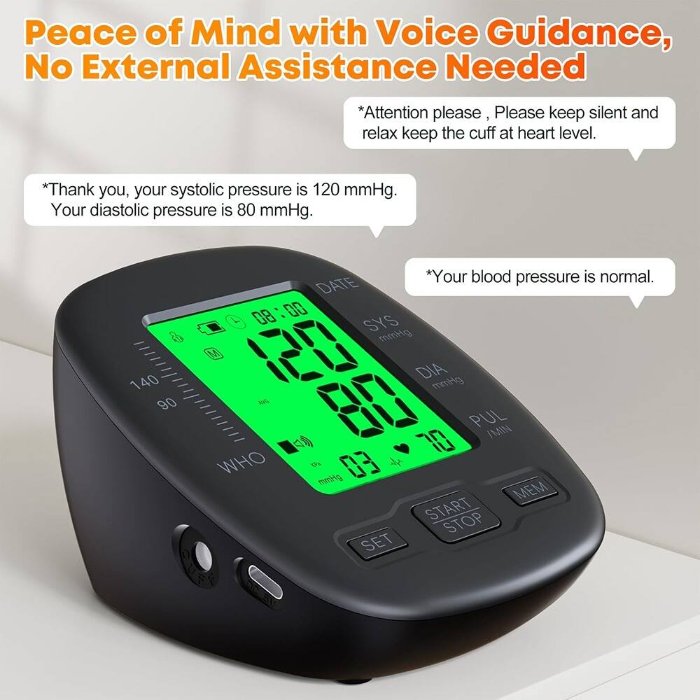Peace of Mind with Voice Guidance, No External Assistance Needed

*Attention please, Please keep silent and relax keep the cuff at heart level.

*Thank you, your systolic pressure is 120 mmHg. Your diastolic pressure is 80 mmHg.

*Your blood pressure is normal.