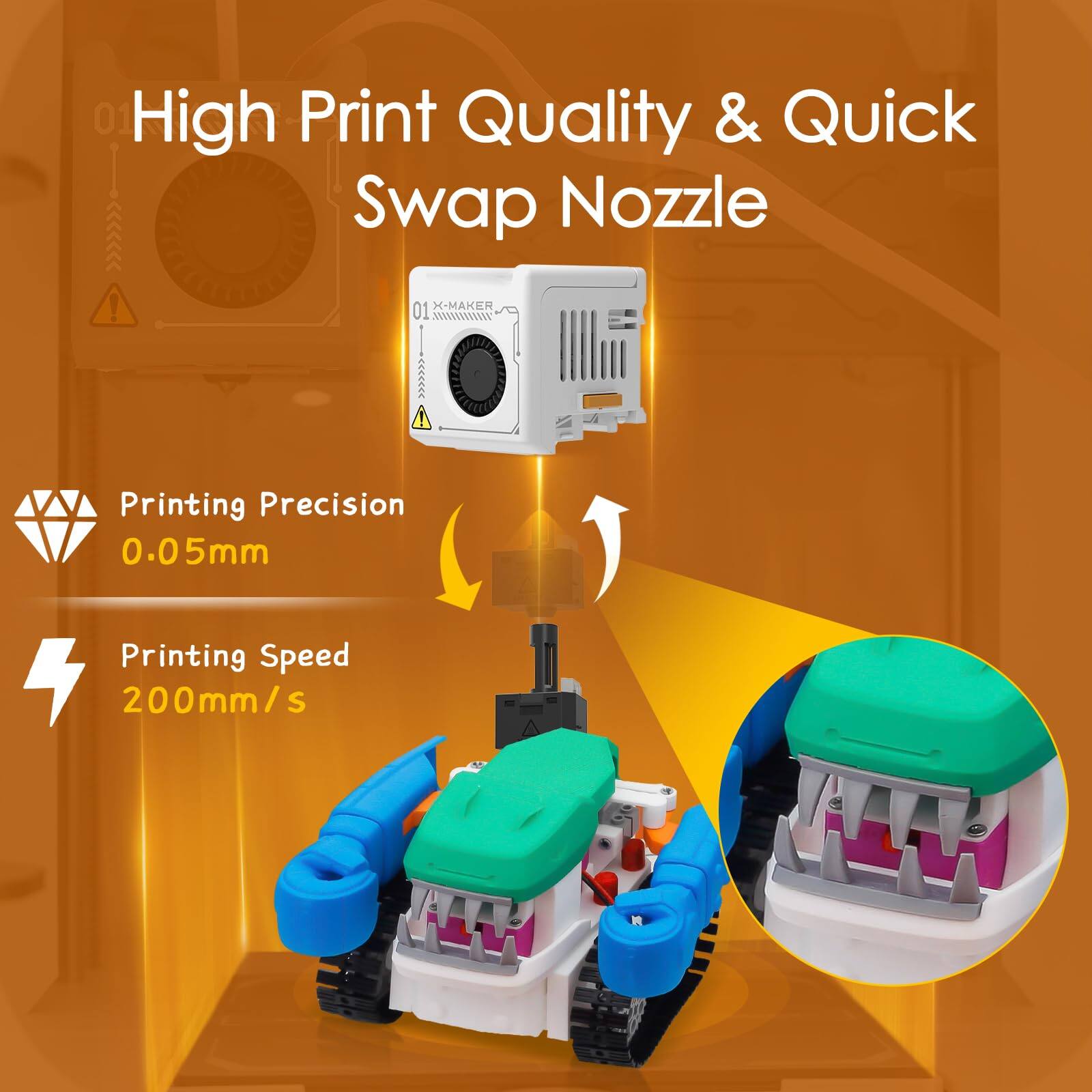 High Print Quality & Quick Swap Nozzle

Printing Precision 0.05mm

Printing Speed 200mm/s