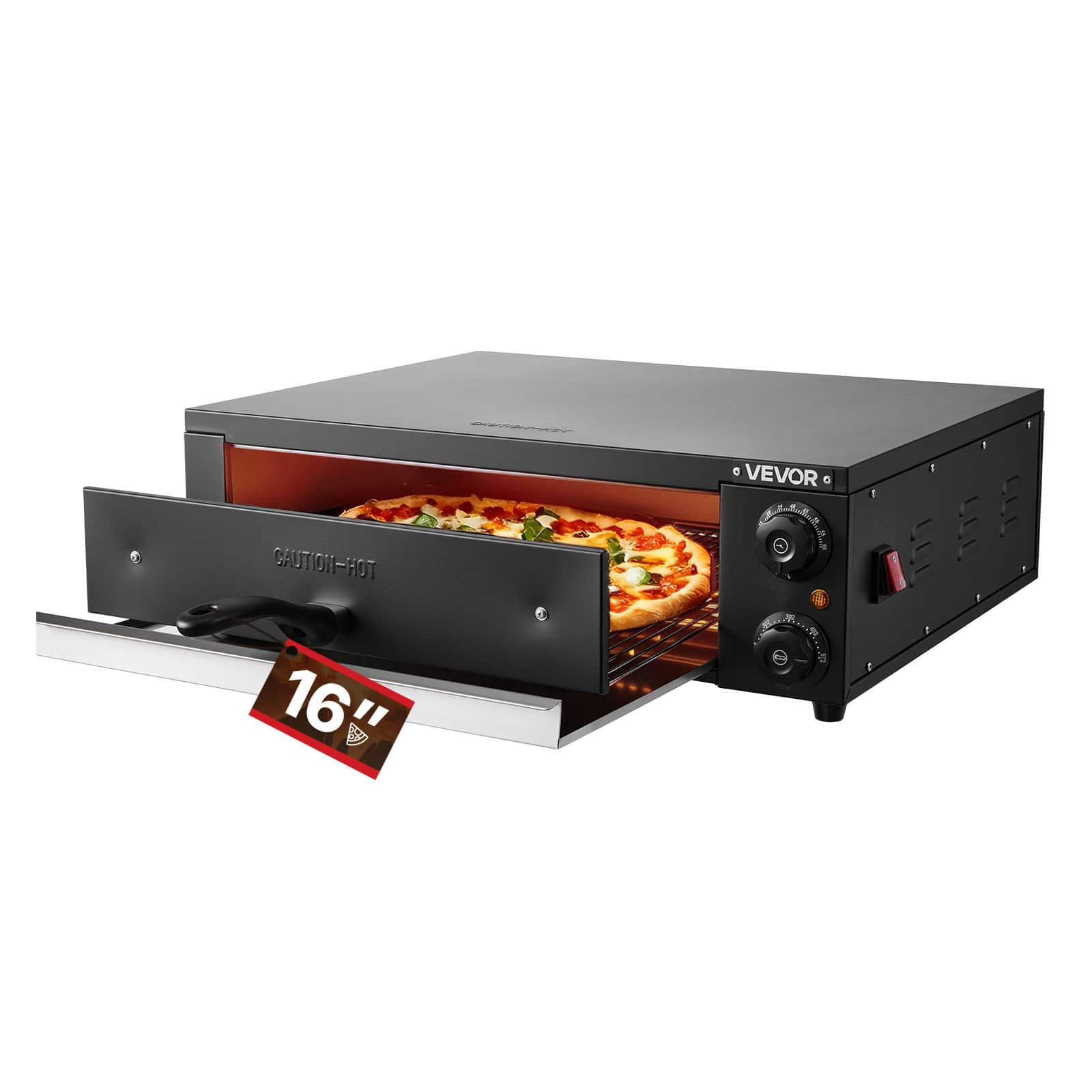 VEVOR - Electric Pizza Oven,16 in Countertop Pizza Oven,77 to 572°F Temp Range,1750W Indoor Pizzas Maker w/Timing & Temp Control - Black
