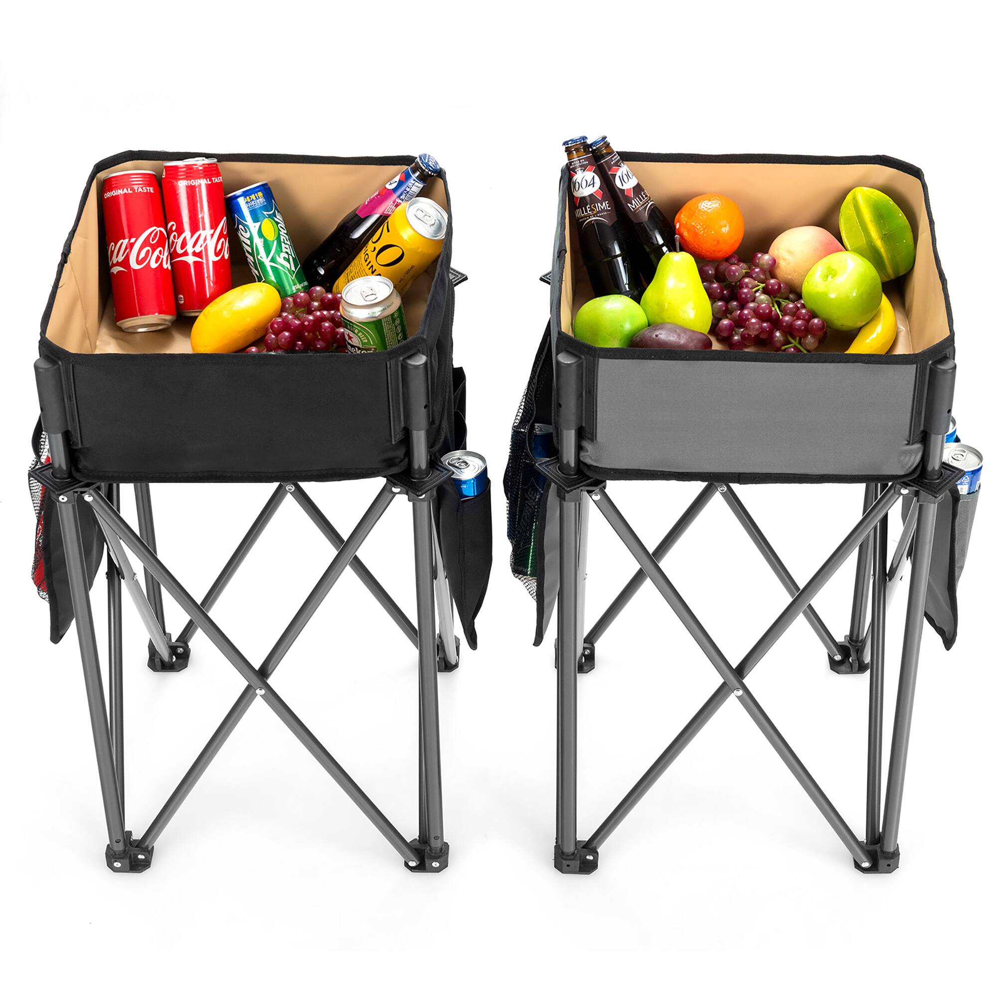 The image shows two black trays filled with various snacks and drinks. The trays contain a variety of items such as bananas, apples, oranges, grapes, and multiple bottles and cans of soda. The arrangement of the items in the trays suggests that they are ready to be served or enjoyed by people.