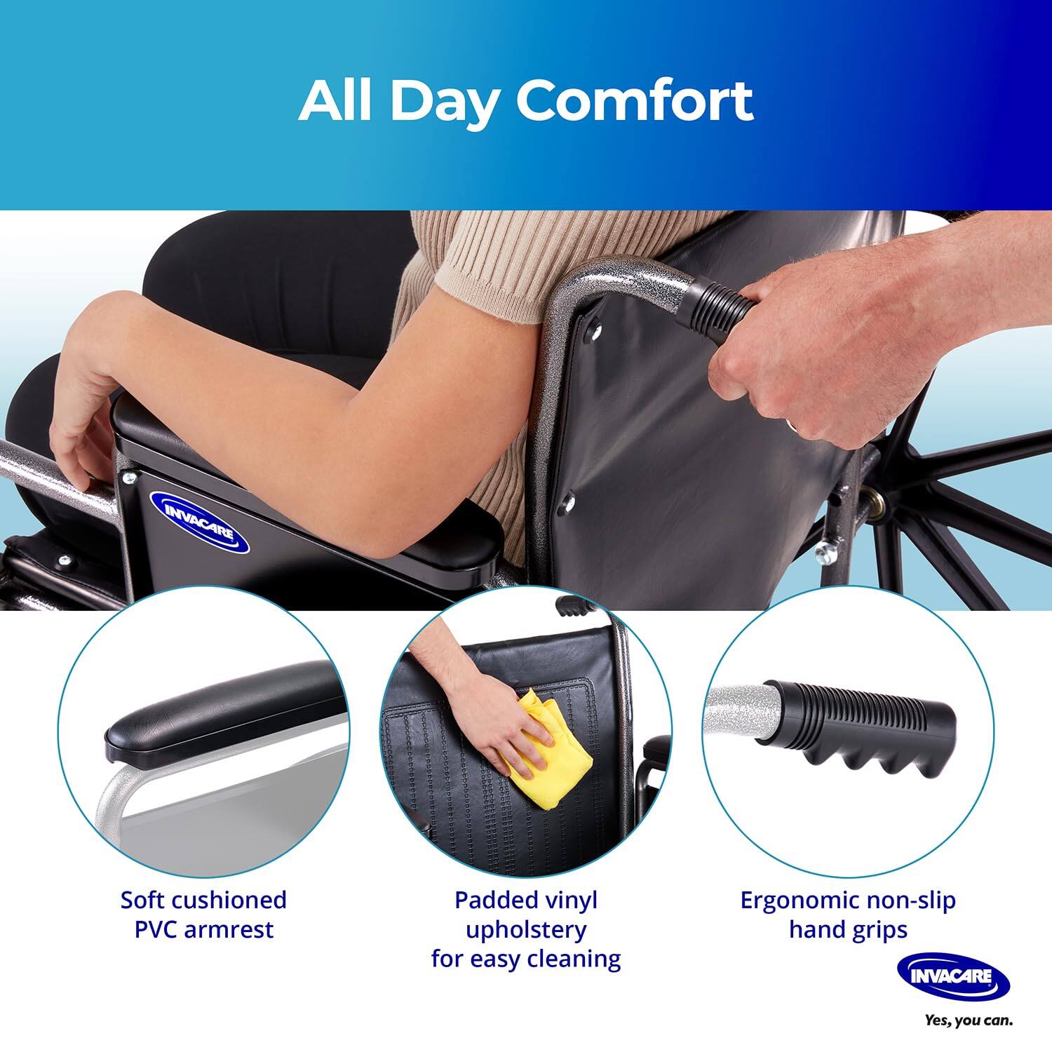 All Day Comfort

- Soft cushioned PVC armrest
- Padded vinyl upholstery for easy cleaning
- Ergonomic non-slip hand grips

INVACARE
Yes, you can.