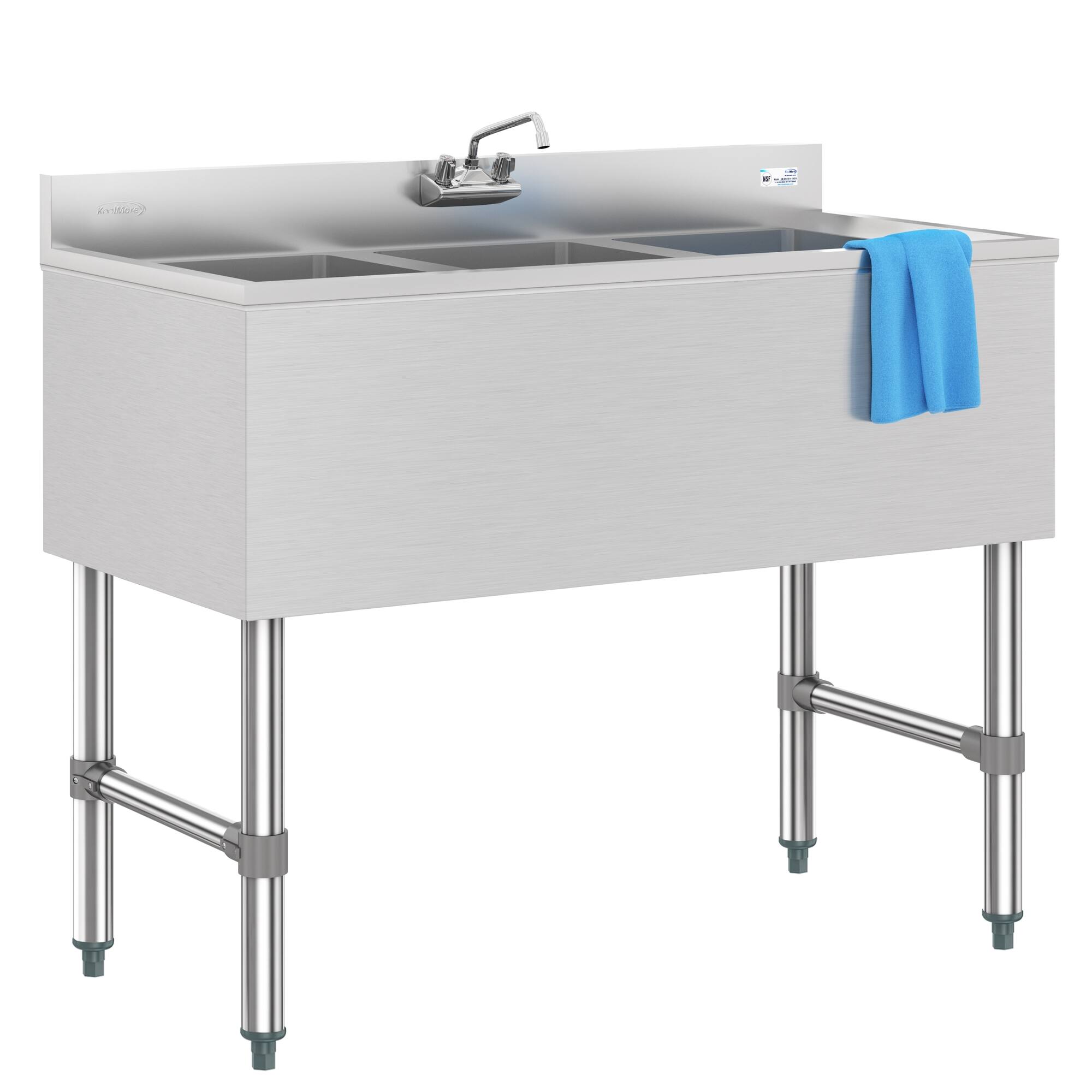 Angle. Koolmore - 38 in. Three-Compartment  Bar Sink with 3 in. Backsplash and Low Lead Faucet, NSF Certified - Stainless Steel.