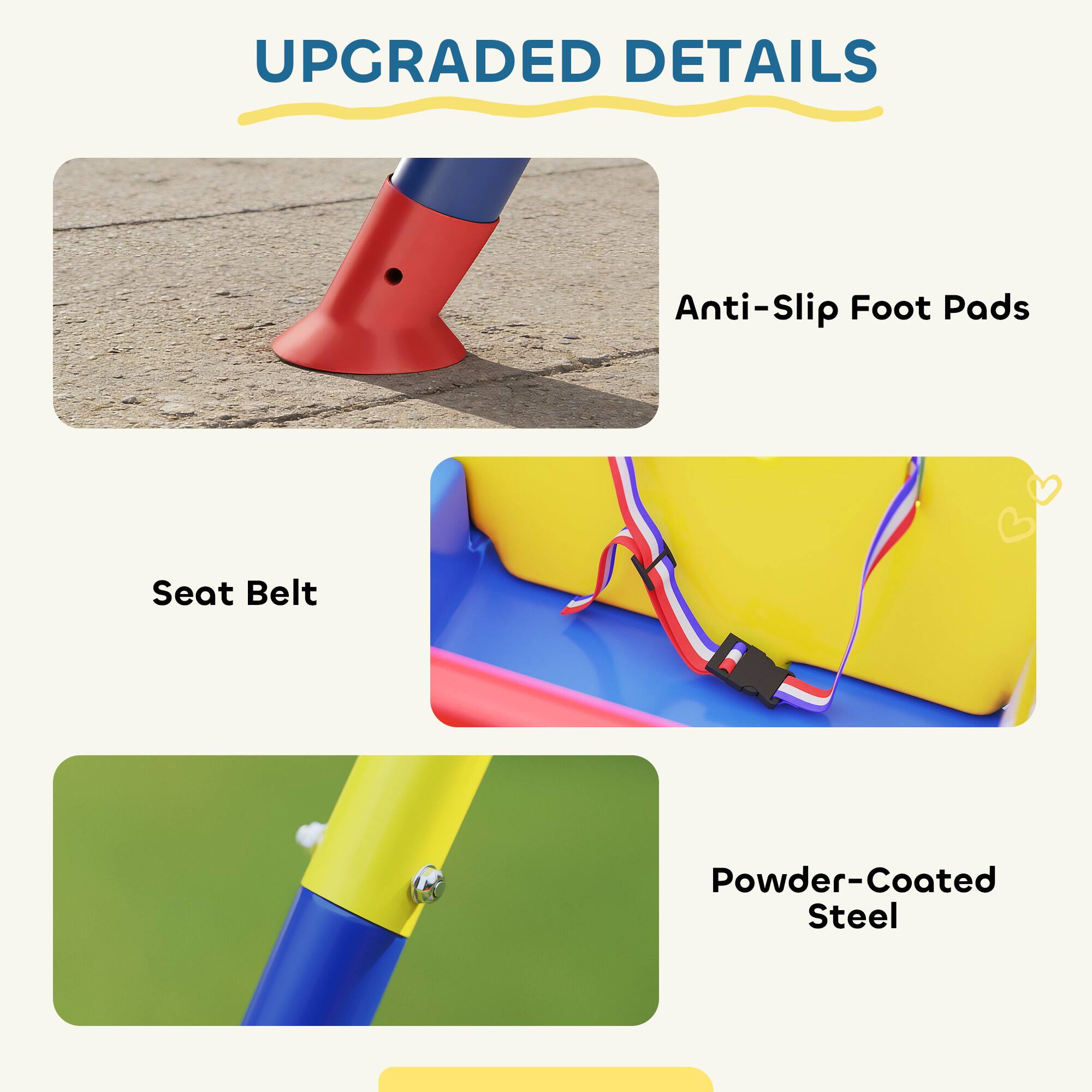 UPGRADED DETAILS

- Anti-Slip Foot Pads
- Seat Belt
- Powder-Coated Steel