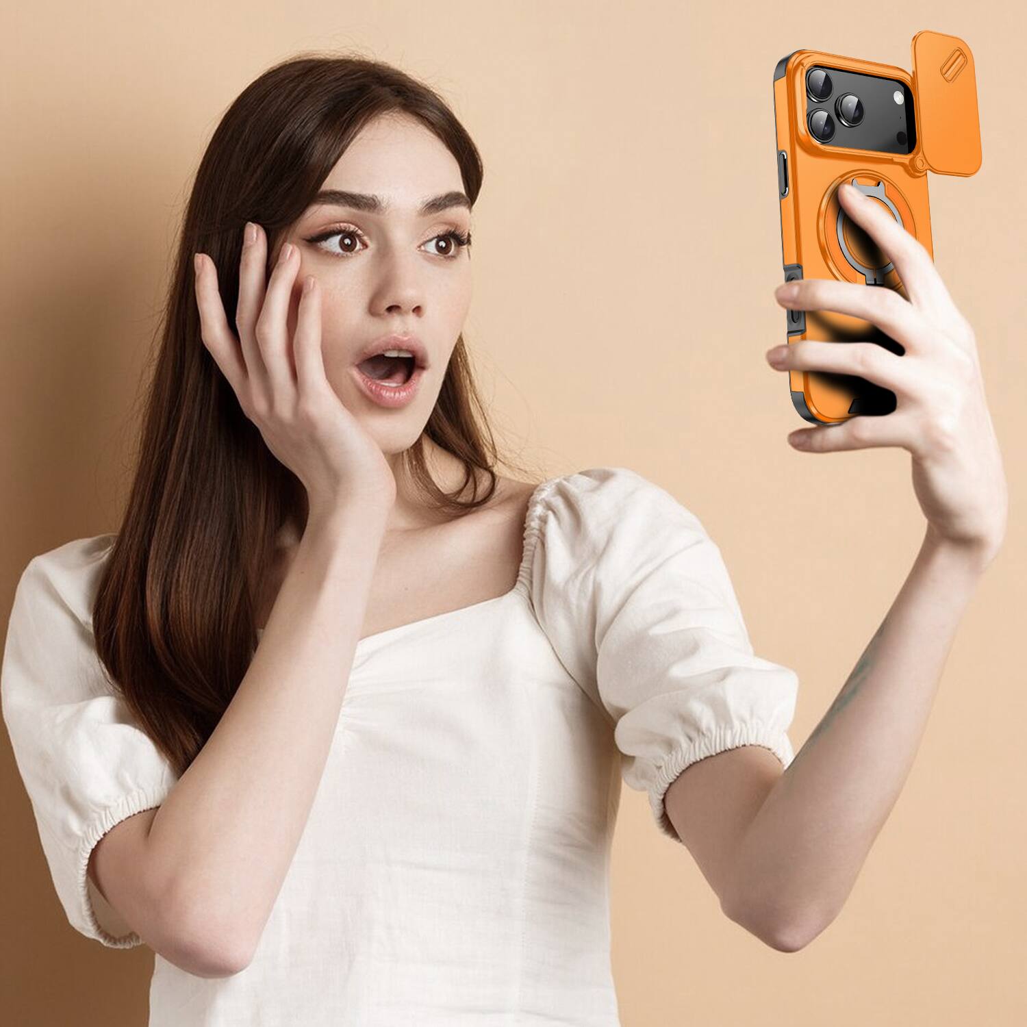 Alt View 4. Dteck - Magnetic Ring Stand Case for iPhone 17 Pro Max with Lens Protection Hard Back Cover - Orange.