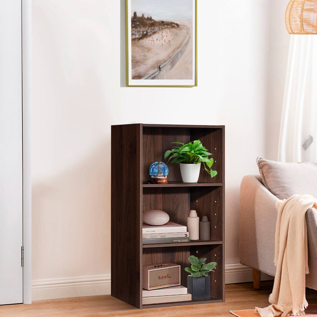 Alt View 12. Costway - 3 Open Shelf Bookcase Modern Multi-functional Storage Display Cabinet Walnut - Walnut.