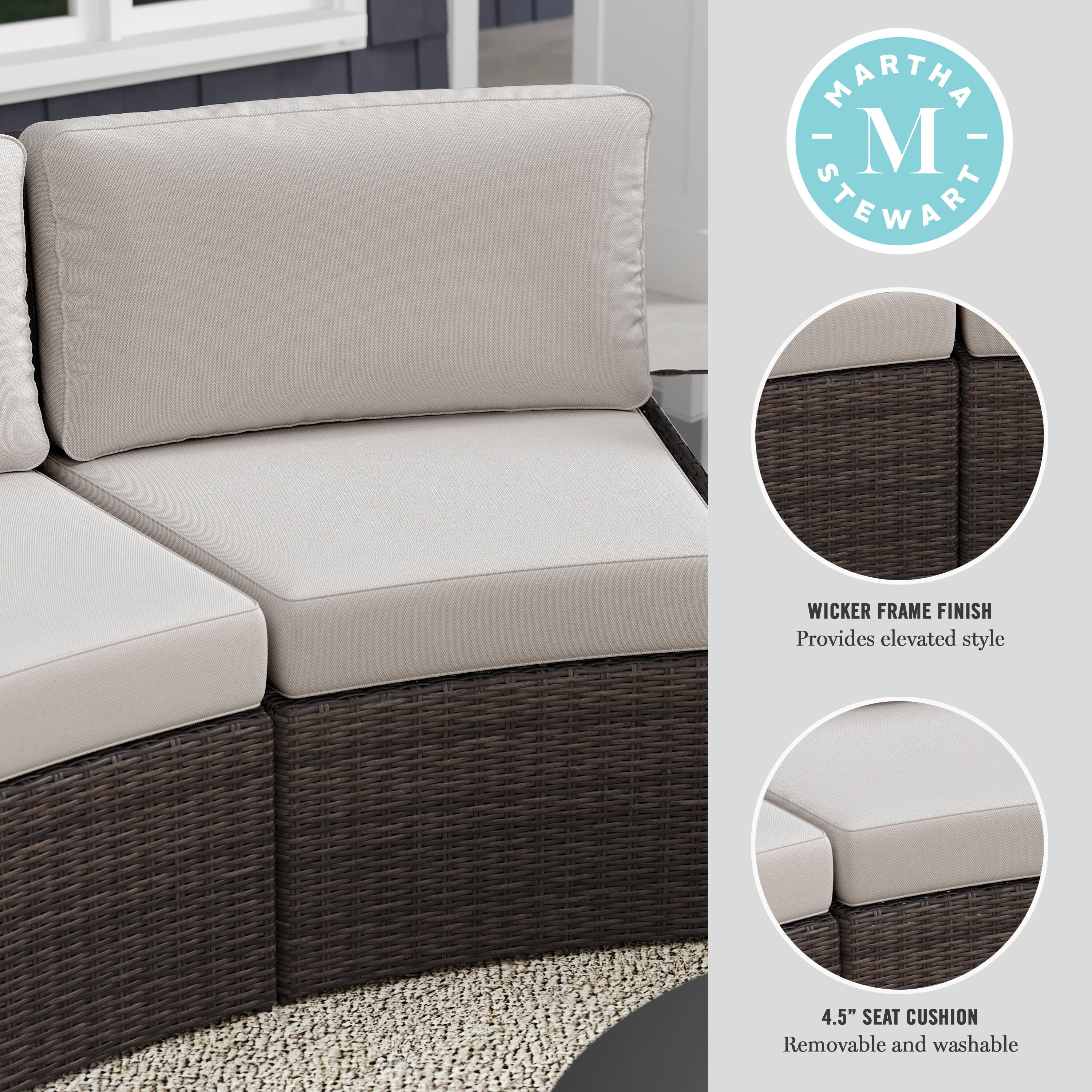 The text on the image reads: "MARTHA - M STEWART WICKER FRAME FINISH Provides elevated style 4.5" SEAT CUSHION Removable and washable."