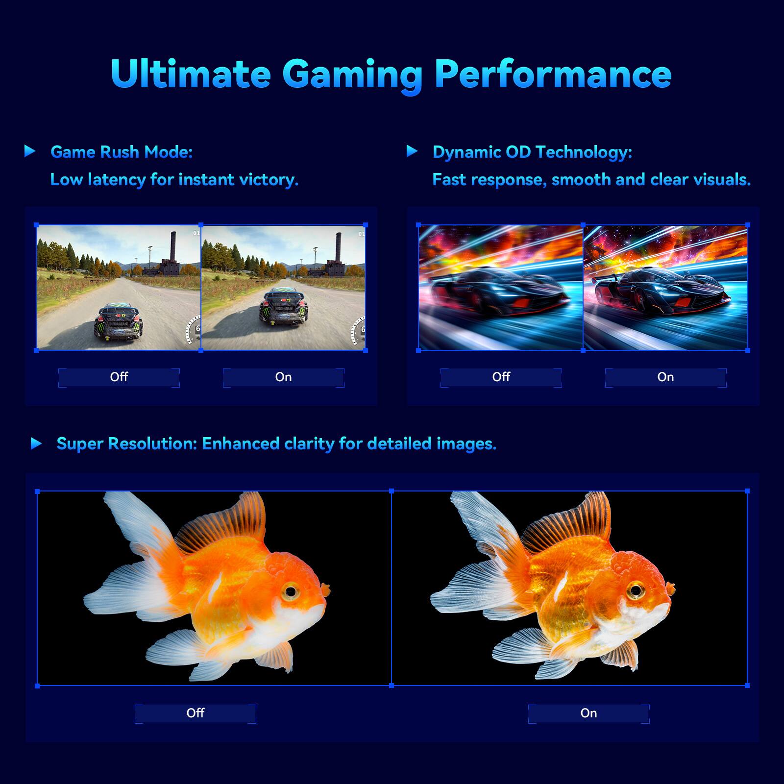 Ultimate Gaming Performance

- Game Rush Mode: Low latency for instant victory.
  - Off
  - On

- Dynamic OD Technology: Fast response, smooth and clear visuals.
  - Off
  - On

- Super Resolution: Enhanced clarity for detailed images.
  - Off
  - On